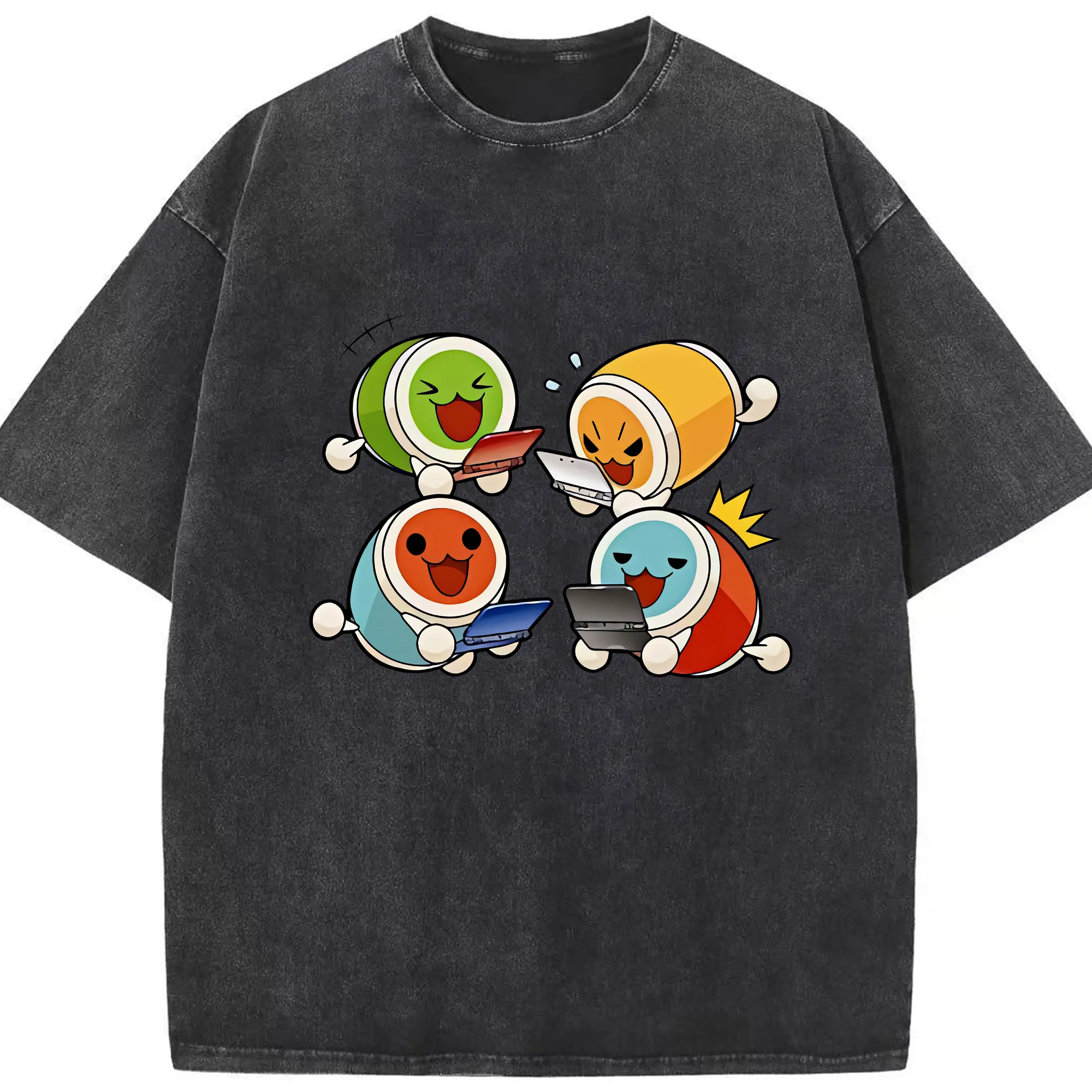 太鼓の達人 グッズ - 綿100％ ヴィンテージ風 半袖Tシャツ ・ フロントプリント ・ 柔らか肌触り ・ 通気性 快適 ・ スポーツ カジュアル 外出用