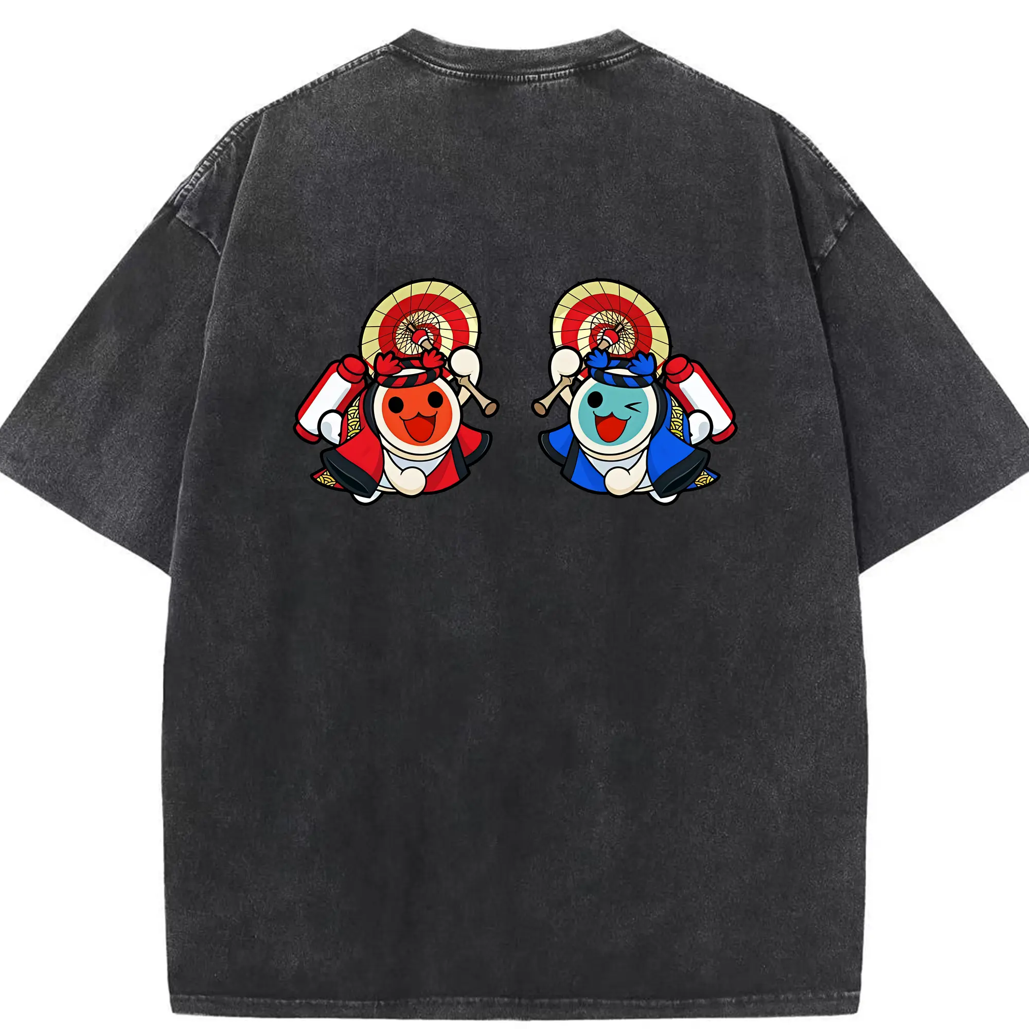 太鼓の達人 グッズ - 綿100％ ヴィンテージ風 半袖Tシャツ ・ 背面プリント ・ 柔らか肌触り ・ 通気性 快適 ・ スポーツ カジュアル 外出用