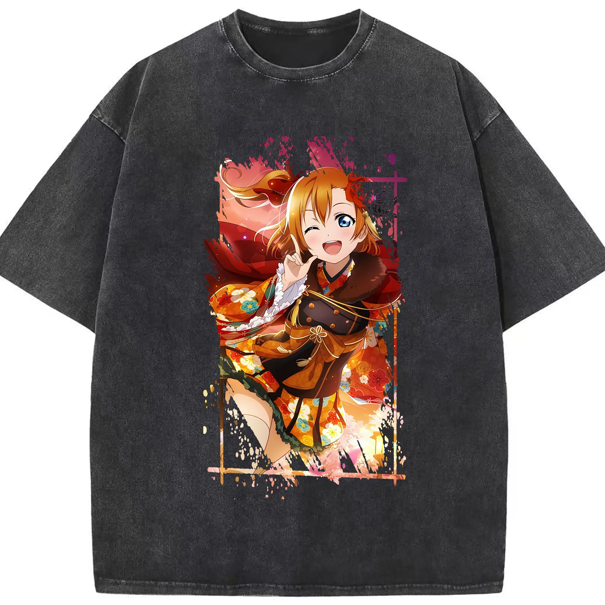 Love Live! グッズ,高坂穂乃果 - 綿100％ ヴィンテージ風 半袖Tシャツ ・ フロントプリント ・ 柔らか肌触り ・ 通気性 快適 ・ スポーツ カジュアル 外出用