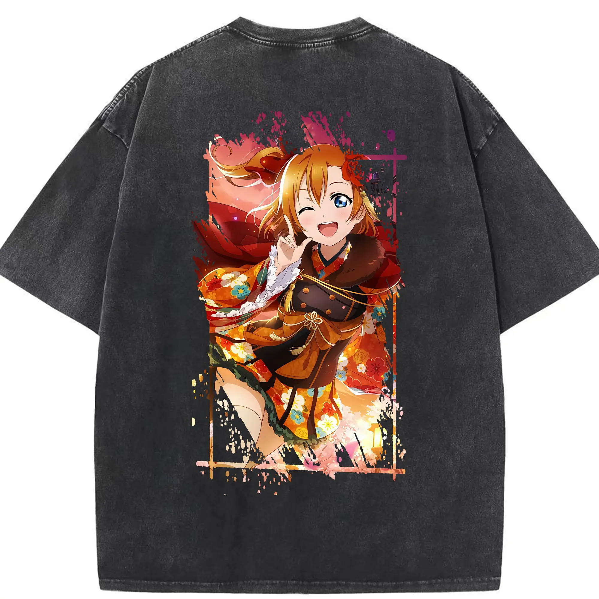 Love Live! グッズ,高坂穂乃果 - 綿100％ ヴィンテージ風 半袖Tシャツ ・ 背面プリント ・ 柔らか肌触り ・ 通気性 快適 ・ スポーツ カジュアル 外出用