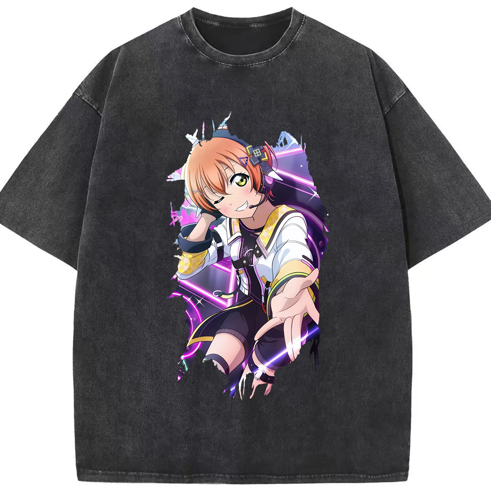 Love Live! グッズ,星空凛 - 綿100％ ヴィンテージ風 半袖Tシャツ ・ フロントプリント ・ 柔らか肌触り ・ 通気性 快適 ・ スポーツ カジュアル 外出用