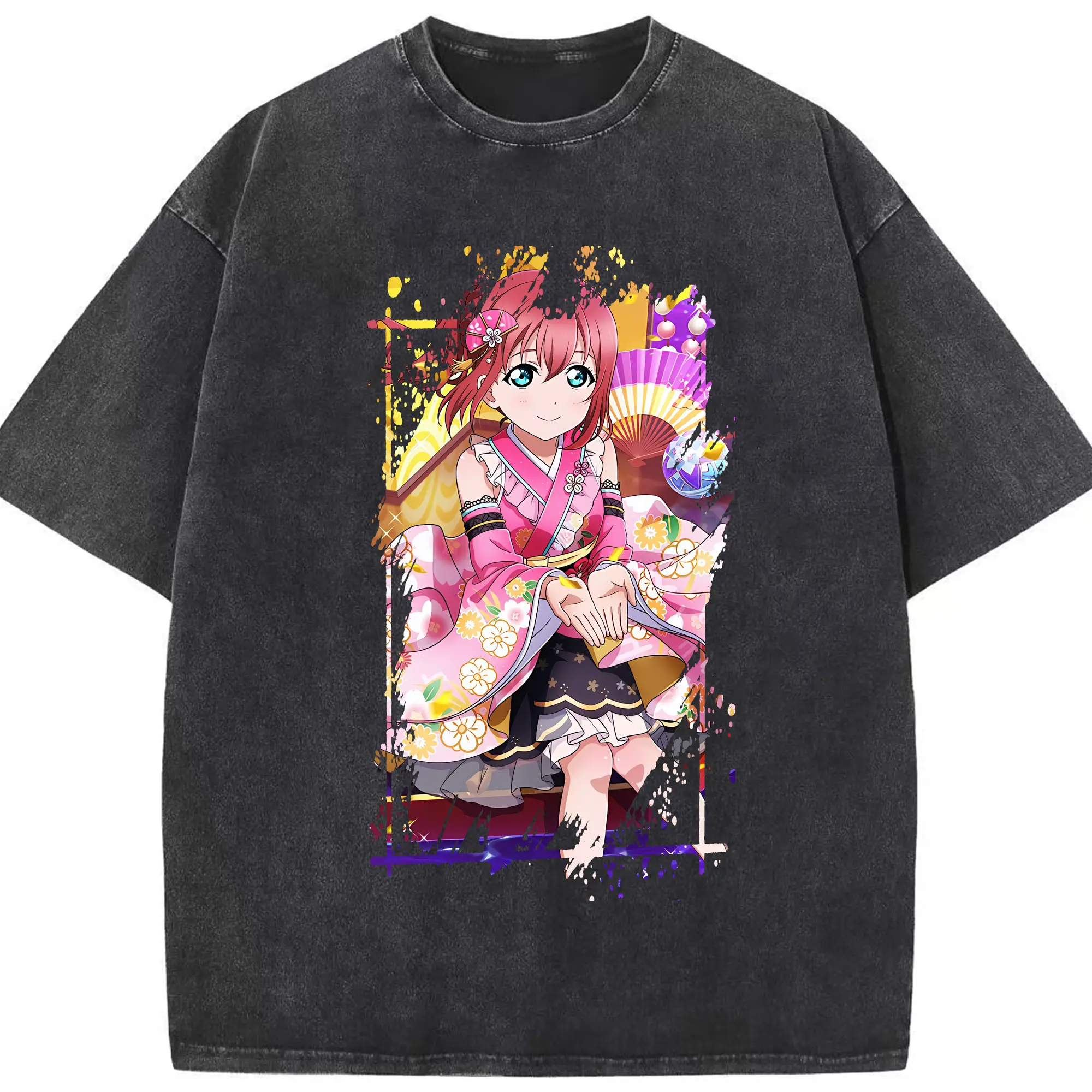 Love Live! グッズ,黒澤ルビィ - 綿100％ ヴィンテージ風 半袖Tシャツ ・ フロントプリント ・ 柔らか肌触り ・ 通気性 快適 ・ スポーツ カジュアル 外出用