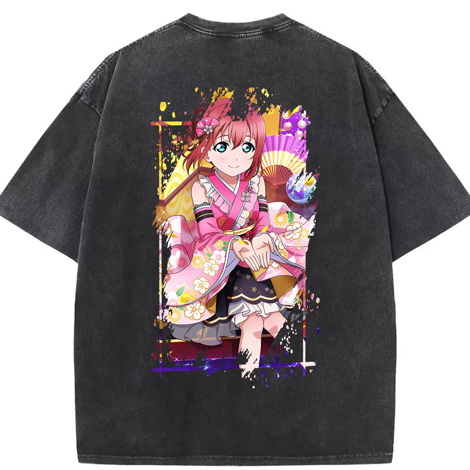 Love Live! グッズ,黒澤ルビィ - 綿100％ ヴィンテージ風 半袖Tシャツ ・ 背面プリント ・ 柔らか肌触り ・ 通気性 快適 ・ スポーツ カジュアル 外出用