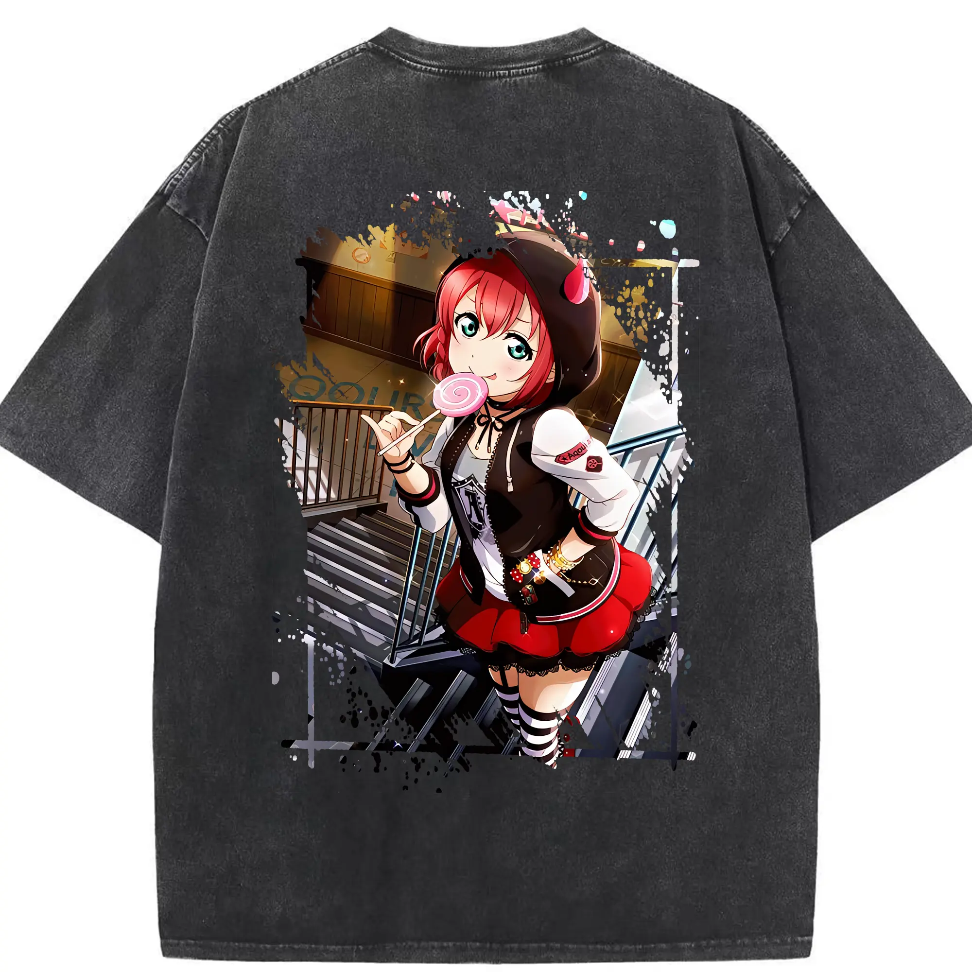 Love Live! グッズ,黒澤ルビィ - 綿100％ ヴィンテージ風 半袖Tシャツ ・ 背面プリント ・ 柔らか肌触り ・ 通気性 快適 ・ スポーツ カジュアル 外出用