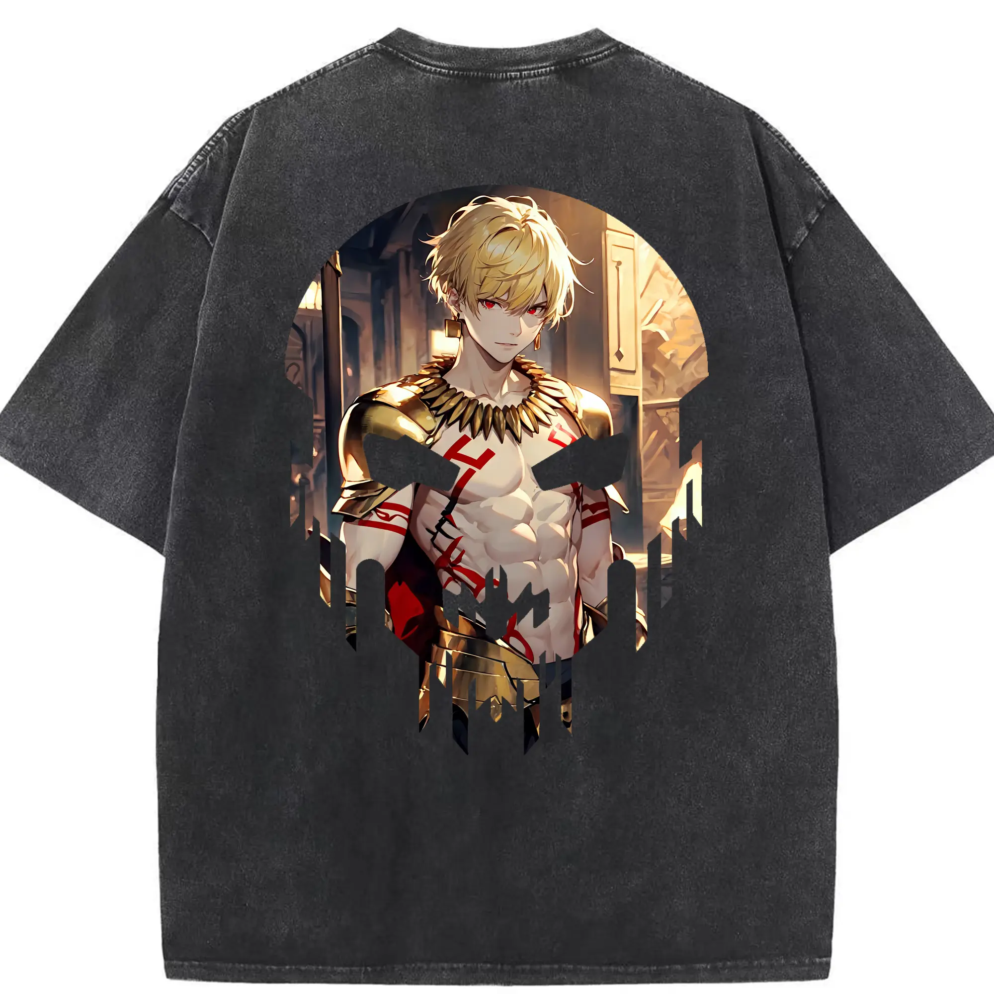FGO グッズ,ギルガメッシュ - 綿100％ ヴィンテージ風 半袖Tシャツ ・ 背面プリント ・ 柔らか肌触り ・ 通気性 快適 ・ スポーツ カジュアル 外出用
