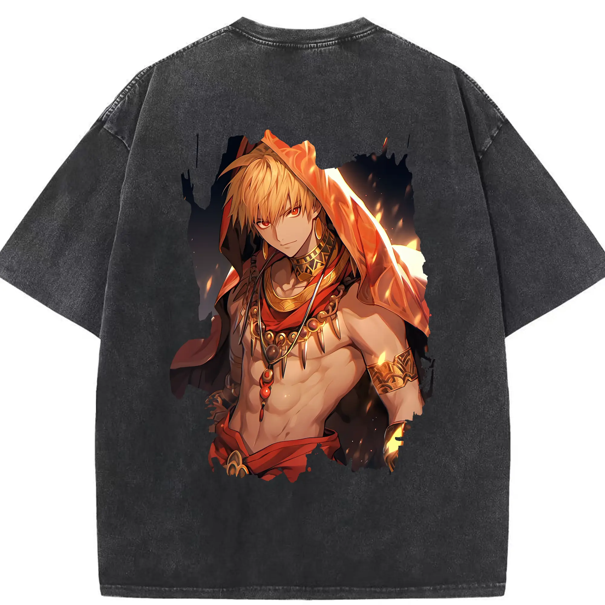 FGO グッズ,ギルガメッシュ - 綿100％ ヴィンテージ風 半袖Tシャツ ・ 背面プリント ・ 柔らか肌触り ・ 通気性 快適 ・ スポーツ カジュアル 外出用