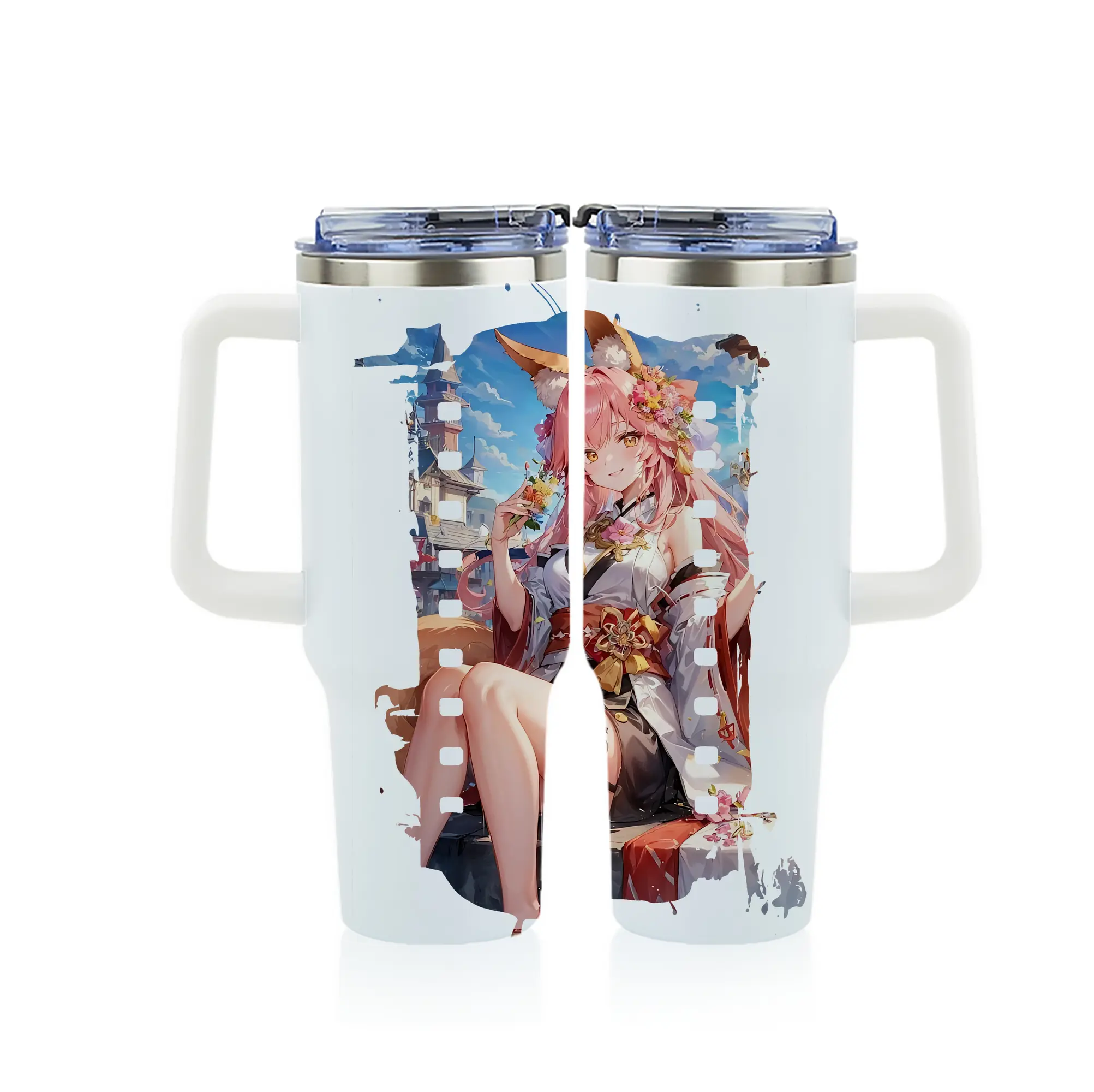 FGO グッズ,玉藻の前 - 1200mL フルプリント車用タンブラー ・ 304ステンレス 内側 ・ 201ステンレス 外側 ・ 保温 保冷 ・ 通勤 ドライブ アウトドア用