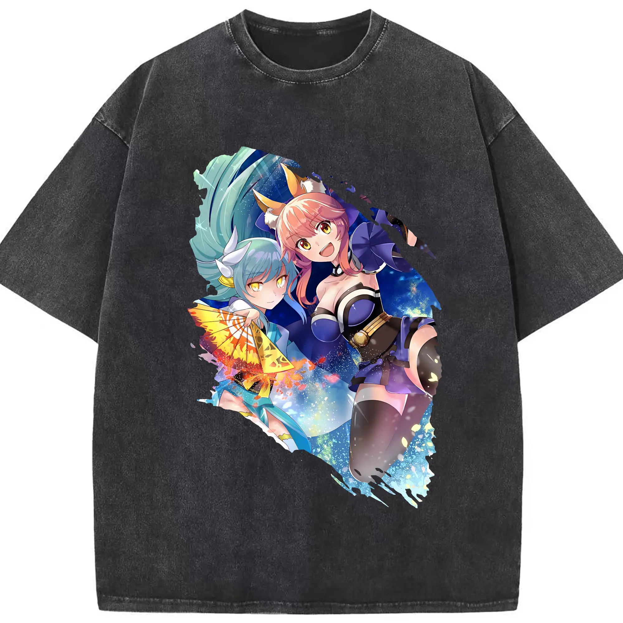 FGO グッズ,玉藻の前 - 綿100％ ヴィンテージ風 半袖Tシャツ ・ フロントプリント ・ 柔らか肌触り ・ 通気性 快適 ・ スポーツ カジュアル 外出用