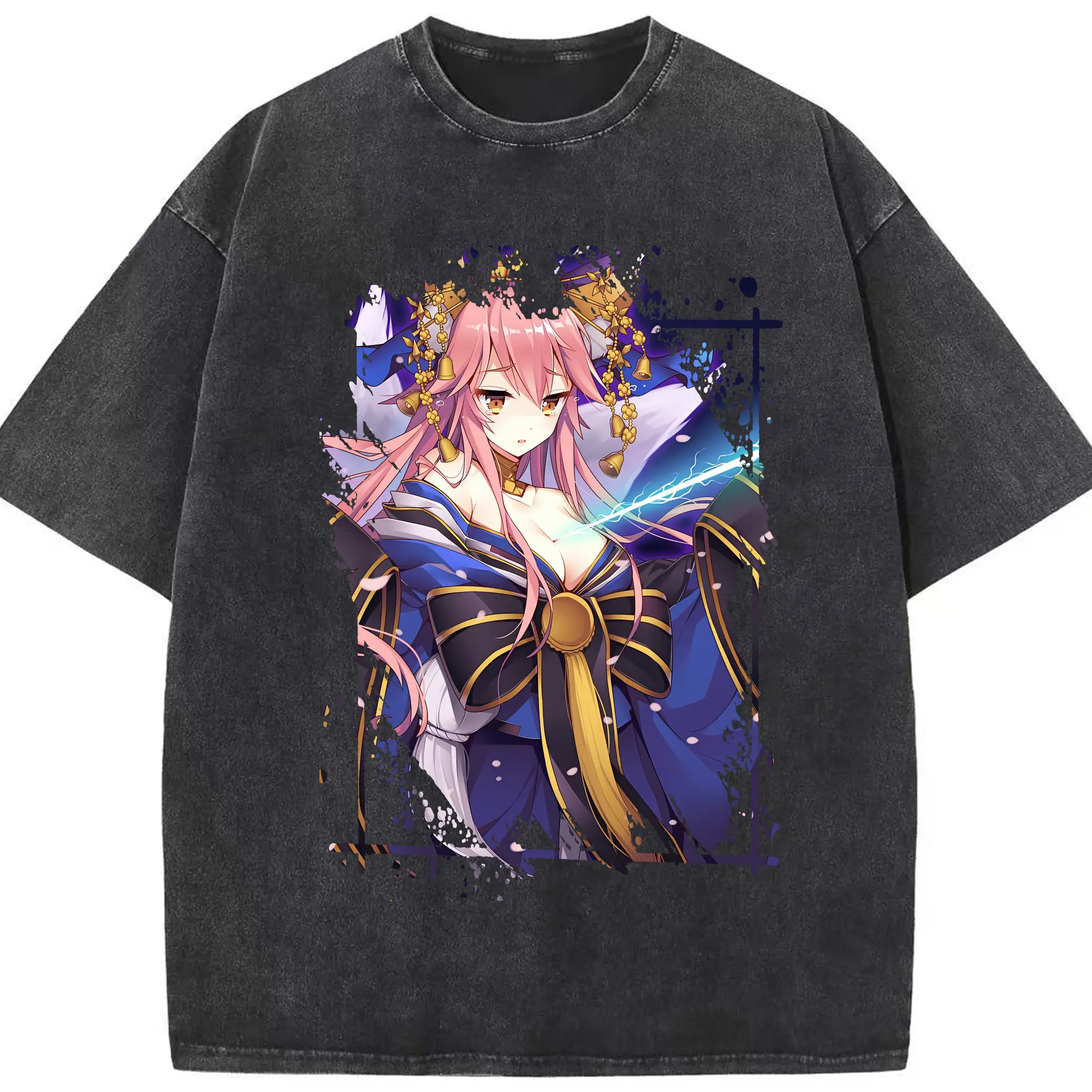 FGO グッズ,玉藻の前 - 綿100％ ヴィンテージ風 半袖Tシャツ ・ フロントプリント ・ 柔らか肌触り ・ 通気性 快適 ・ スポーツ カジュアル 外出用