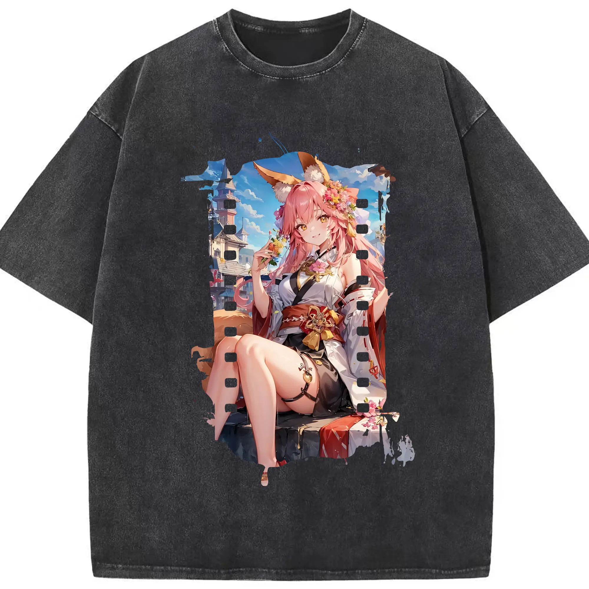 FGO グッズ,玉藻の前 - 綿100％ ヴィンテージ風 半袖Tシャツ ・ フロントプリント ・ 柔らか肌触り ・ 通気性 快適 ・ スポーツ カジュアル 外出用