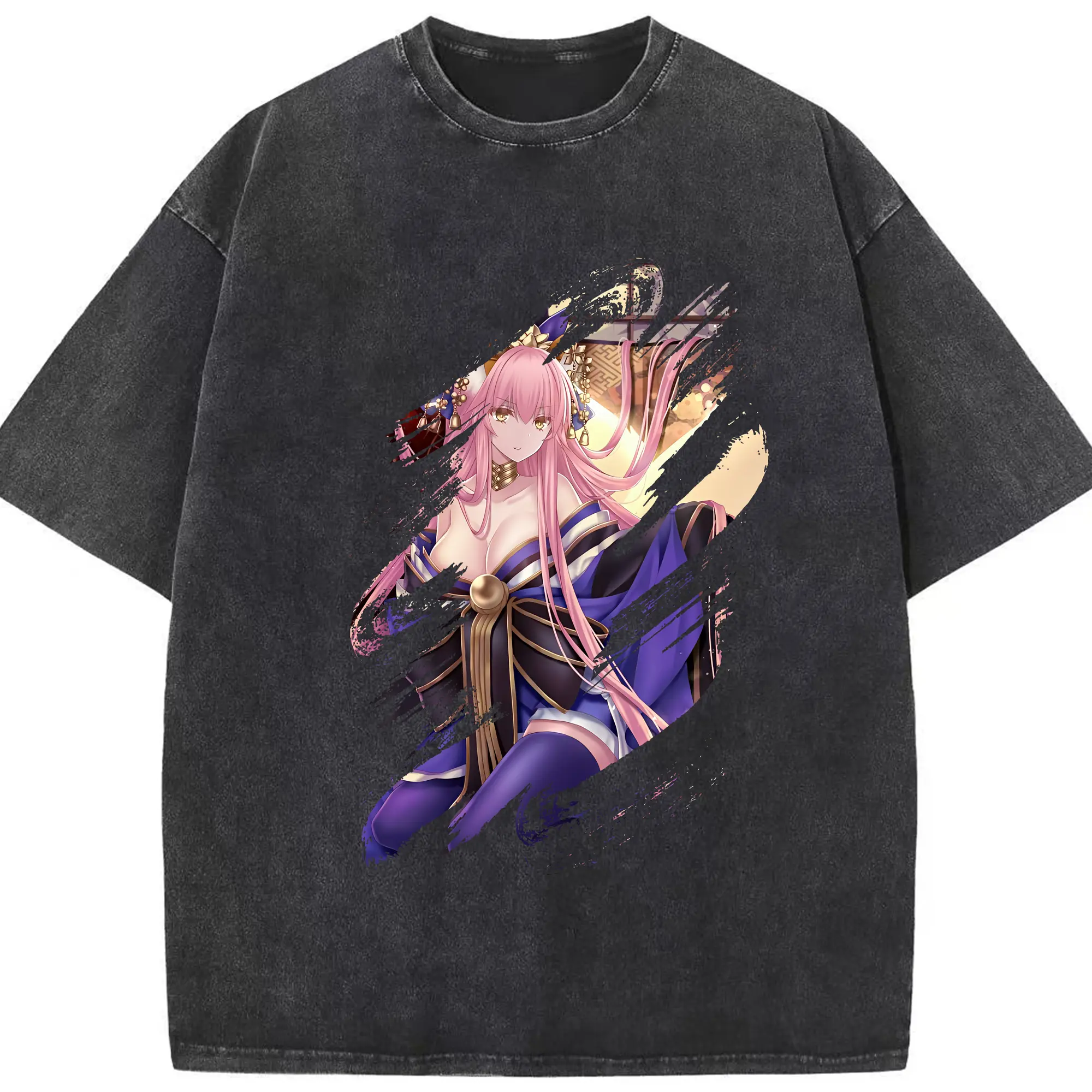 FGO グッズ,玉藻の前 - 綿100％ ヴィンテージ風 半袖Tシャツ ・ フロントプリント ・ 柔らか肌触り ・ 通気性 快適 ・ スポーツ カジュアル 外出用