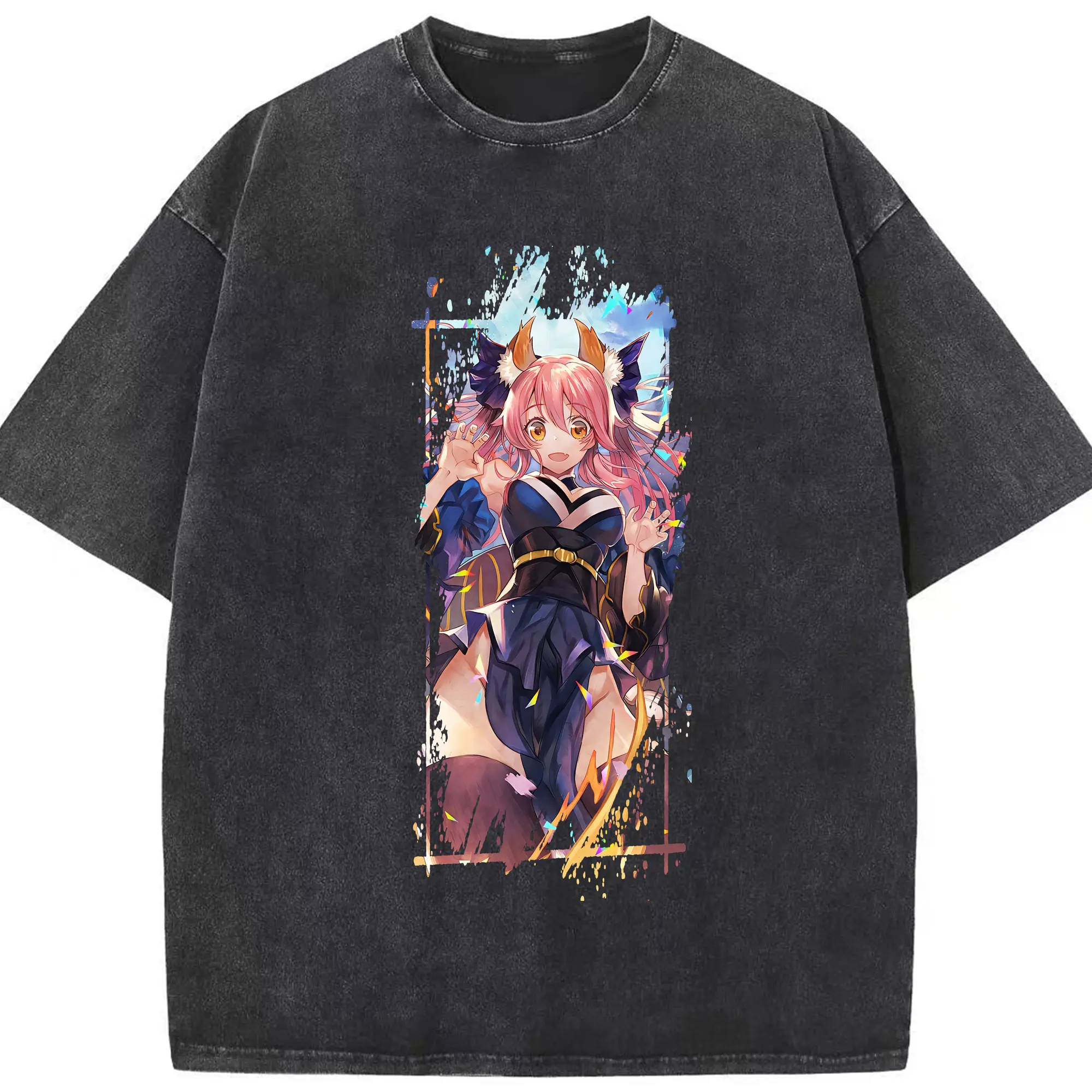 FGO グッズ,玉藻の前 - 綿100％ ヴィンテージ風 半袖Tシャツ ・ フロントプリント ・ 柔らか肌触り ・ 通気性 快適 ・ スポーツ カジュアル 外出用