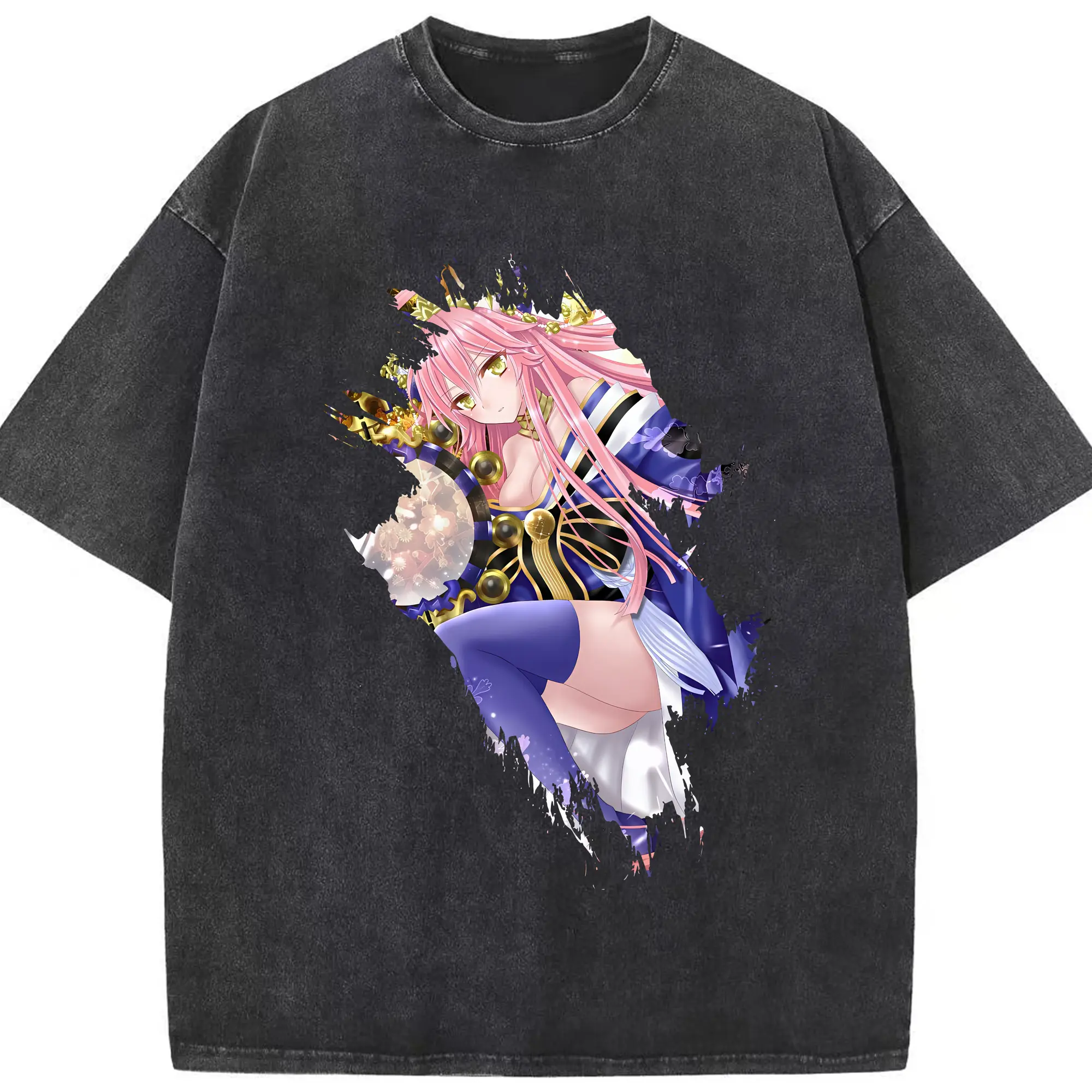 FGO グッズ,玉藻の前 - 綿100％ ヴィンテージ風 半袖Tシャツ ・ フロントプリント ・ 柔らか肌触り ・ 通気性 快適 ・ スポーツ カジュアル 外出用