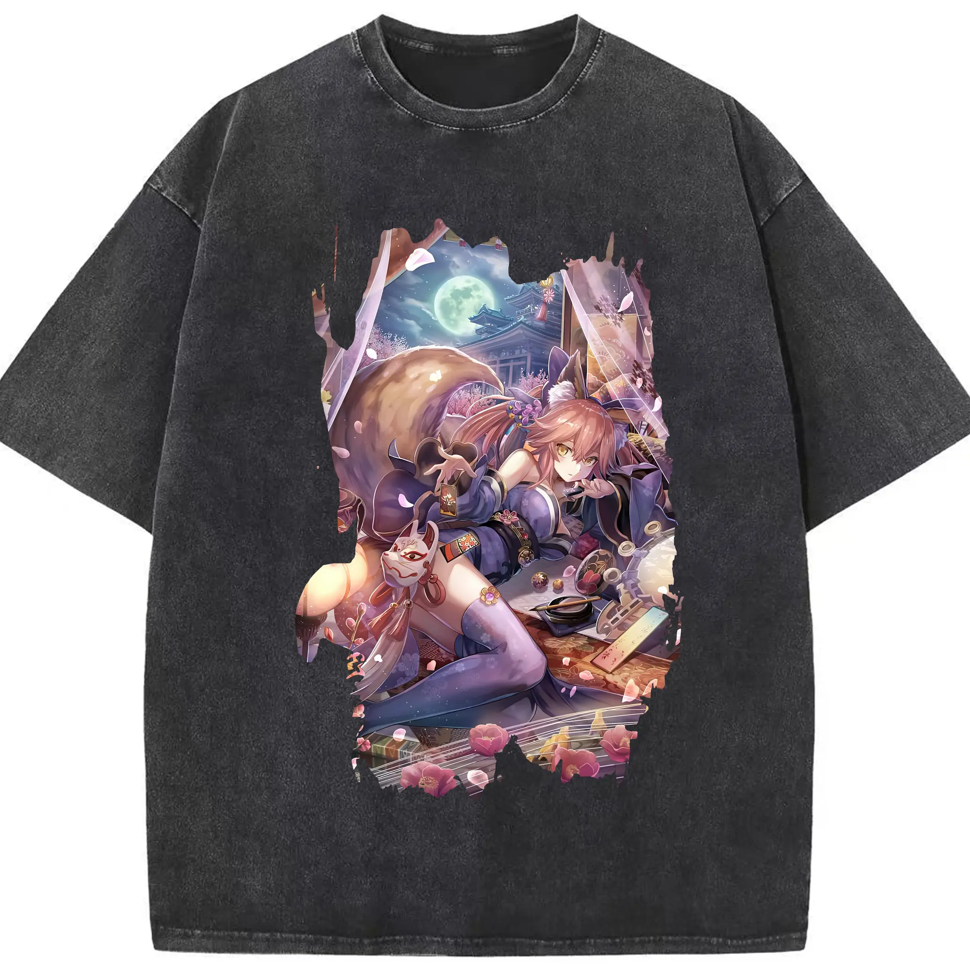 FGO グッズ,玉藻の前 - 綿100％ ヴィンテージ風 半袖Tシャツ ・ フロントプリント ・ 柔らか肌触り ・ 通気性 快適 ・ スポーツ カジュアル 外出用