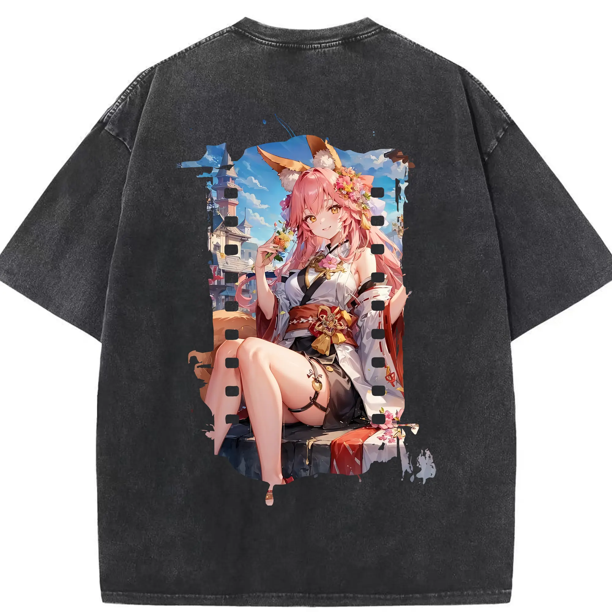 FGO グッズ,玉藻の前 - 綿100％ ヴィンテージ風 半袖Tシャツ ・ 背面プリント ・ 柔らか肌触り ・ 通気性 快適 ・ スポーツ カジュアル 外出用