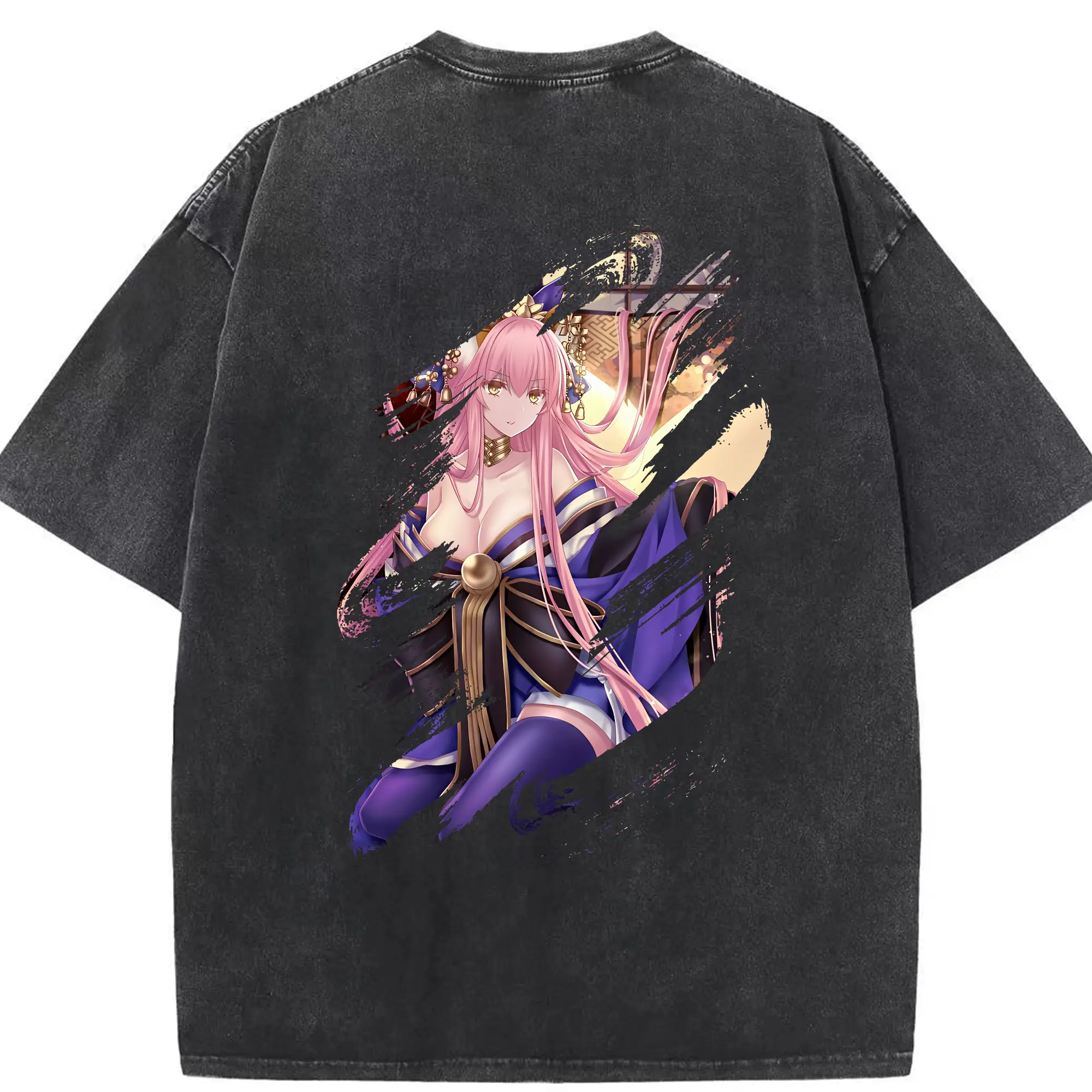 FGO グッズ,玉藻の前 - 綿100％ ヴィンテージ風 半袖Tシャツ ・ 背面プリント ・ 柔らか肌触り ・ 通気性 快適 ・ スポーツ カジュアル 外出用