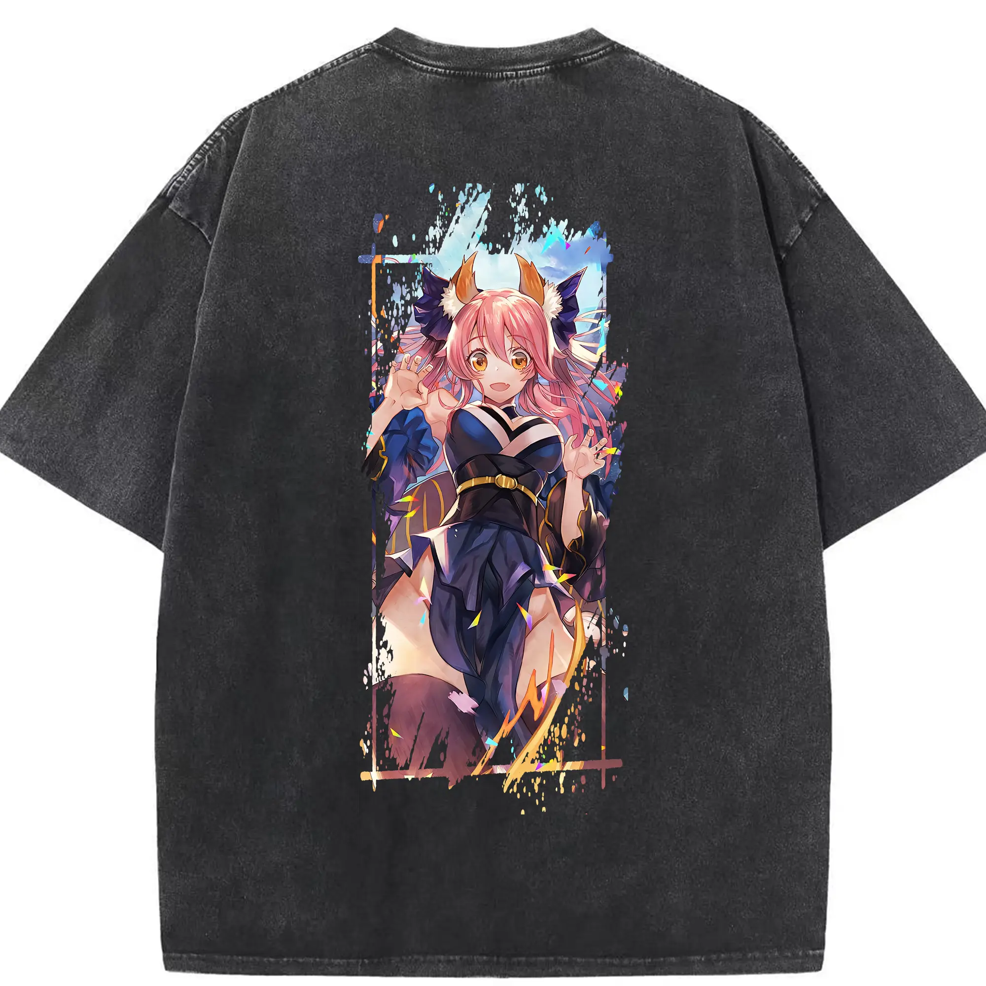 FGO グッズ,玉藻の前 - 綿100％ ヴィンテージ風 半袖Tシャツ ・ 背面プリント ・ 柔らか肌触り ・ 通気性 快適 ・ スポーツ カジュアル 外出用