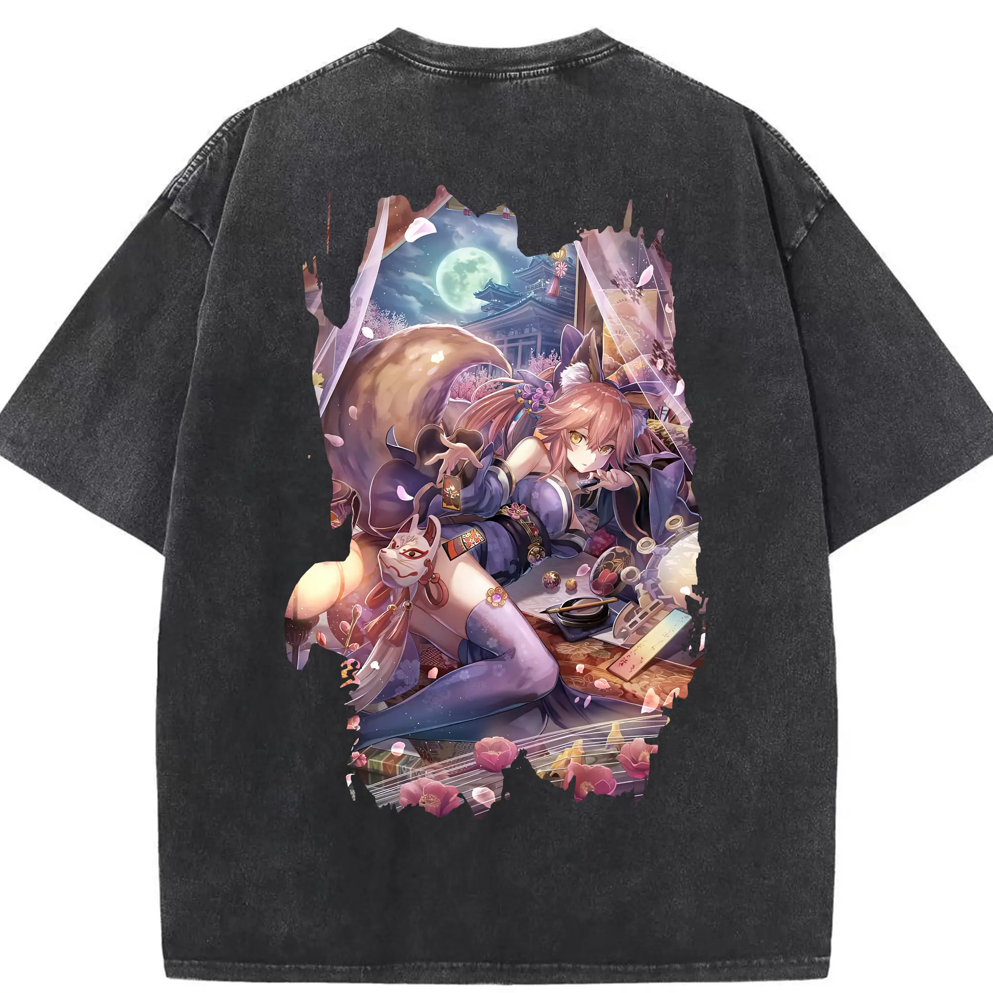 FGO グッズ,玉藻の前 - 綿100％ ヴィンテージ風 半袖Tシャツ ・ 背面プリント ・ 柔らか肌触り ・ 通気性 快適 ・ スポーツ カジュアル 外出用