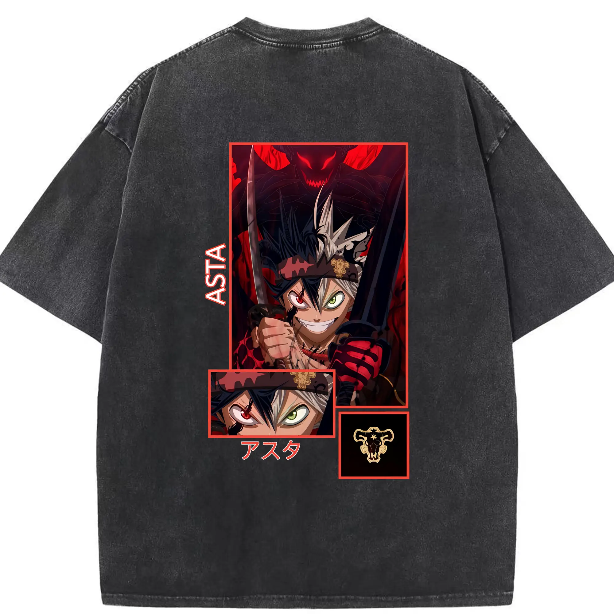 ブラッククローバー グッズ アスタ - 綿100％ ヴィンテージ風 半袖Tシャツ ・ 背面プリント ・ 柔らか肌触り ・ 通気性 快適 ・ スポーツ カジュアル 外出用