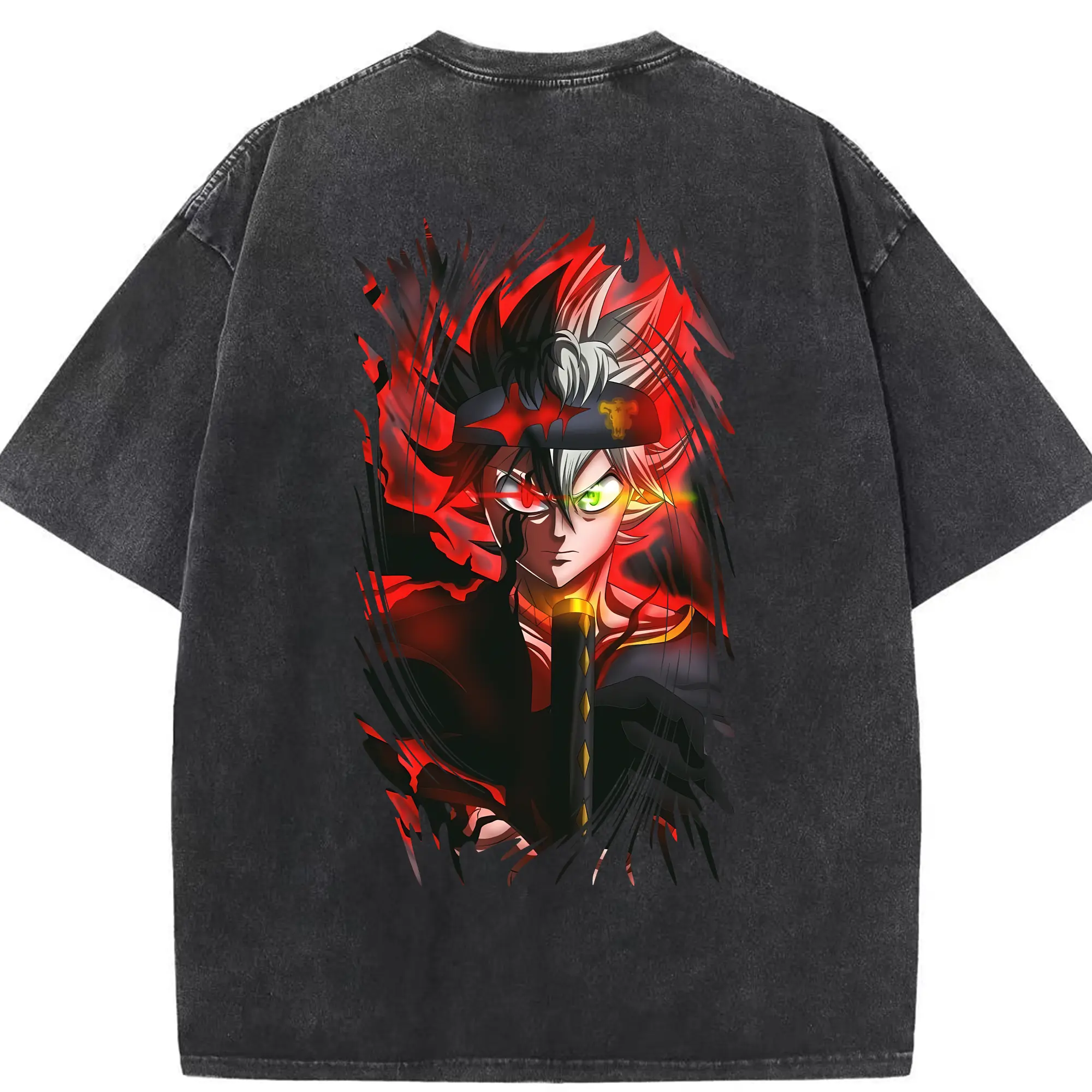 ブラッククローバー グッズ アスタ - 綿100％ ヴィンテージ風 半袖Tシャツ ・ 背面プリント ・ 柔らか肌触り ・ 通気性 快適 ・ スポーツ カジュアル 外出用