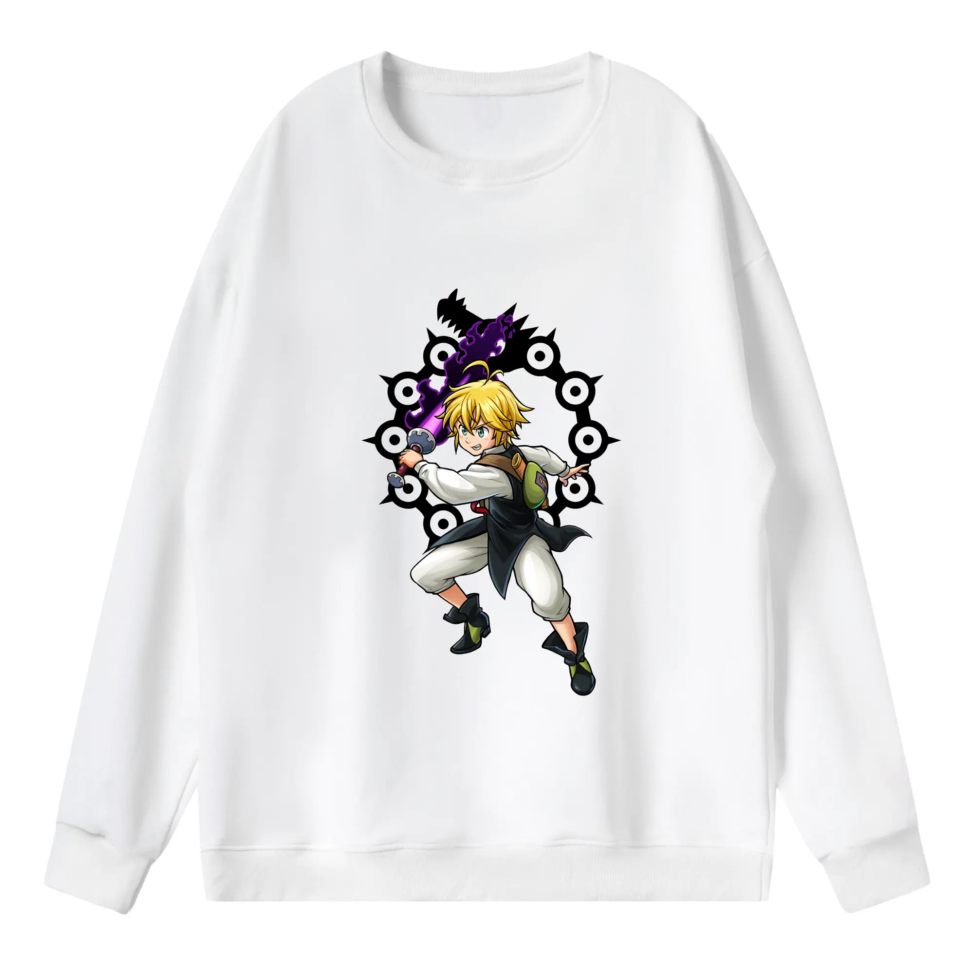 七つの大罪 グッズ メリオダス - 薄手 クルーネック スウェット 裏毛260g · ポリエステル 春秋向け カジュアル 男女兼用 · トレーナー デイリー スポーツ 散歩に最適