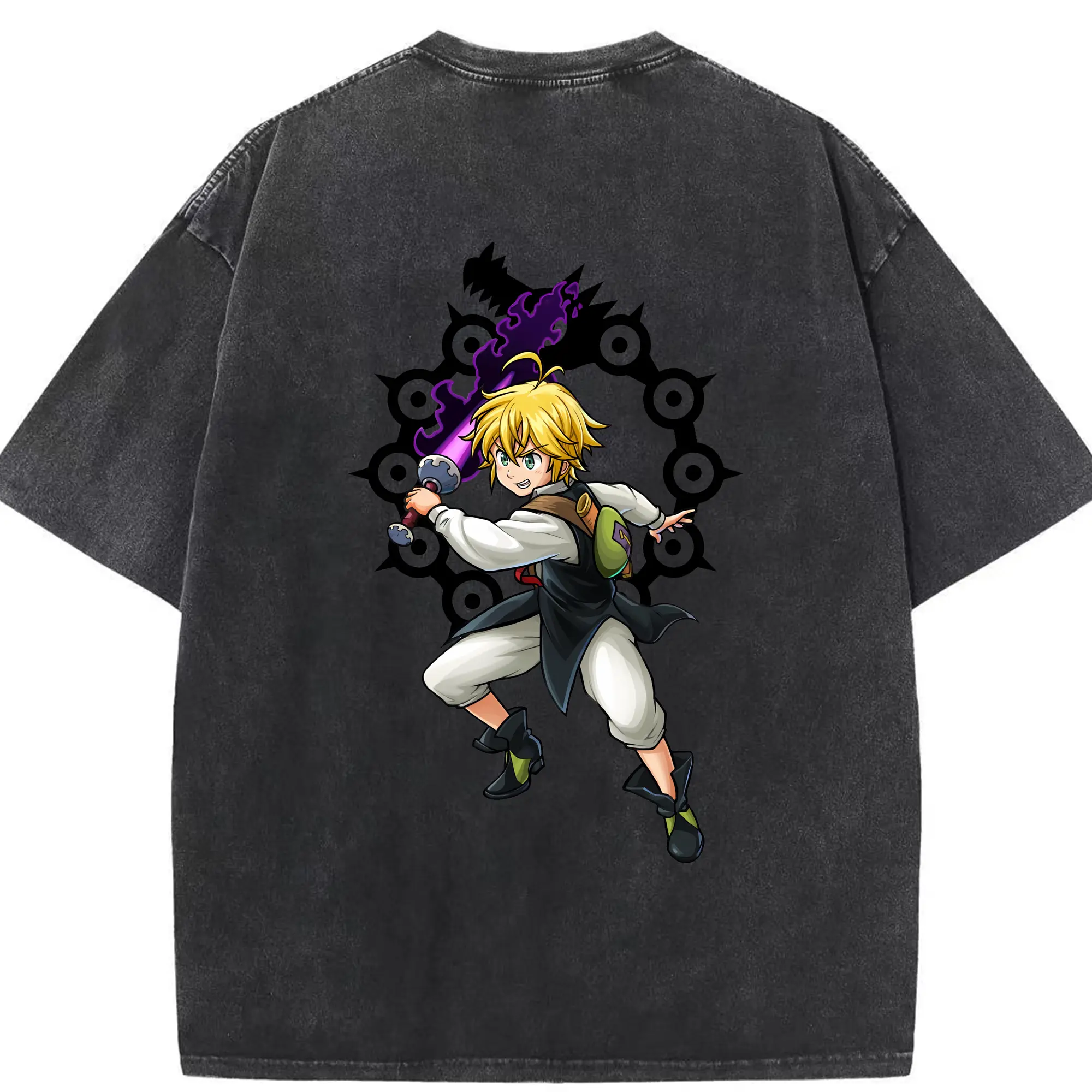 七つの大罪 グッズ メリオダス - 綿100％ ヴィンテージ風 半袖Tシャツ ・ 背面プリント ・ 柔らか肌触り ・ 通気性 快適 ・ スポーツ カジュアル 外出用