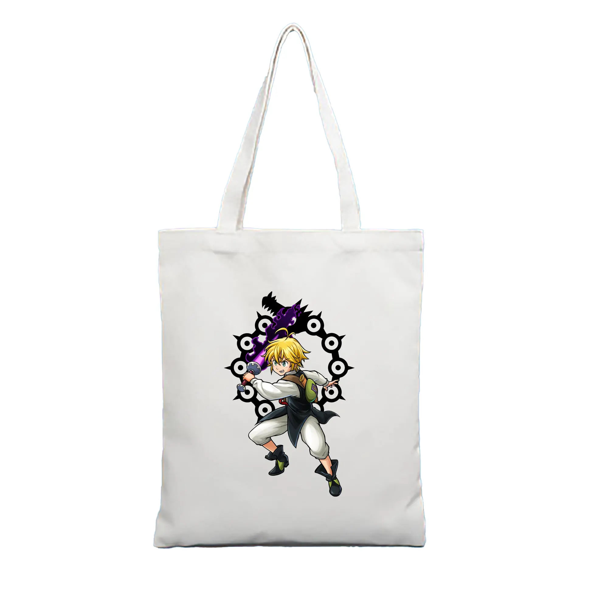 七つの大罪 グッズ メリオダス - 縦型キャンバス手提げバッグ（トートバッグ） ・ キャンバス素材 ・ ショッピング用 ・ 軽量 丈夫 お手入れ簡単