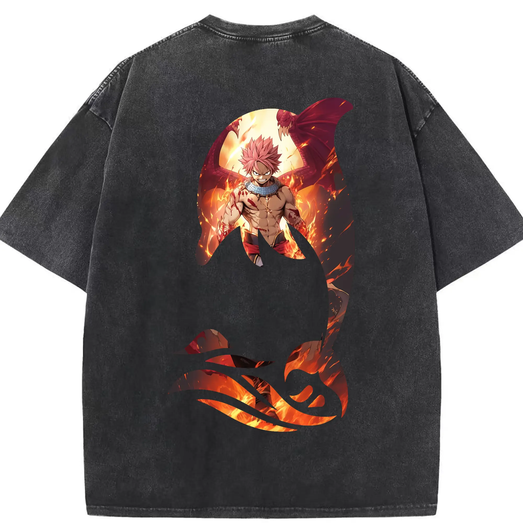 フェアリーテイル グッズ ナツ・ドラグニル - 綿100％ ヴィンテージ風 半袖Tシャツ ・ 背面プリント ・ 柔らか肌触り ・ 通気性 快適 ・ スポーツ カジュアル 外出用