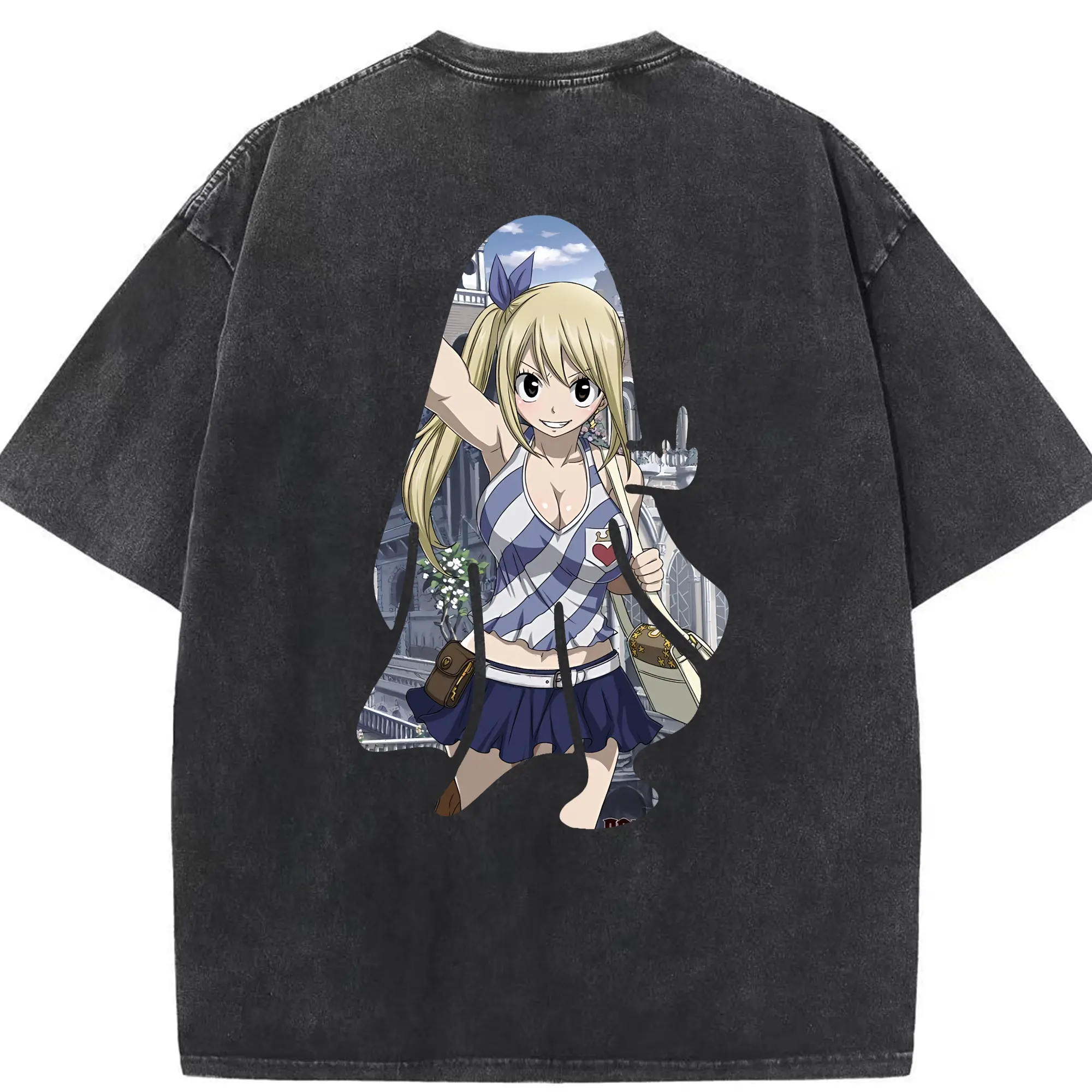 フェアリーテイル グッズ ルーシィ・ハートフィリア - 綿100％ ヴィンテージ風 半袖Tシャツ ・ 背面プリント ・ 柔らか肌触り ・ 通気性 快適 ・ スポーツ カジュアル 外出用