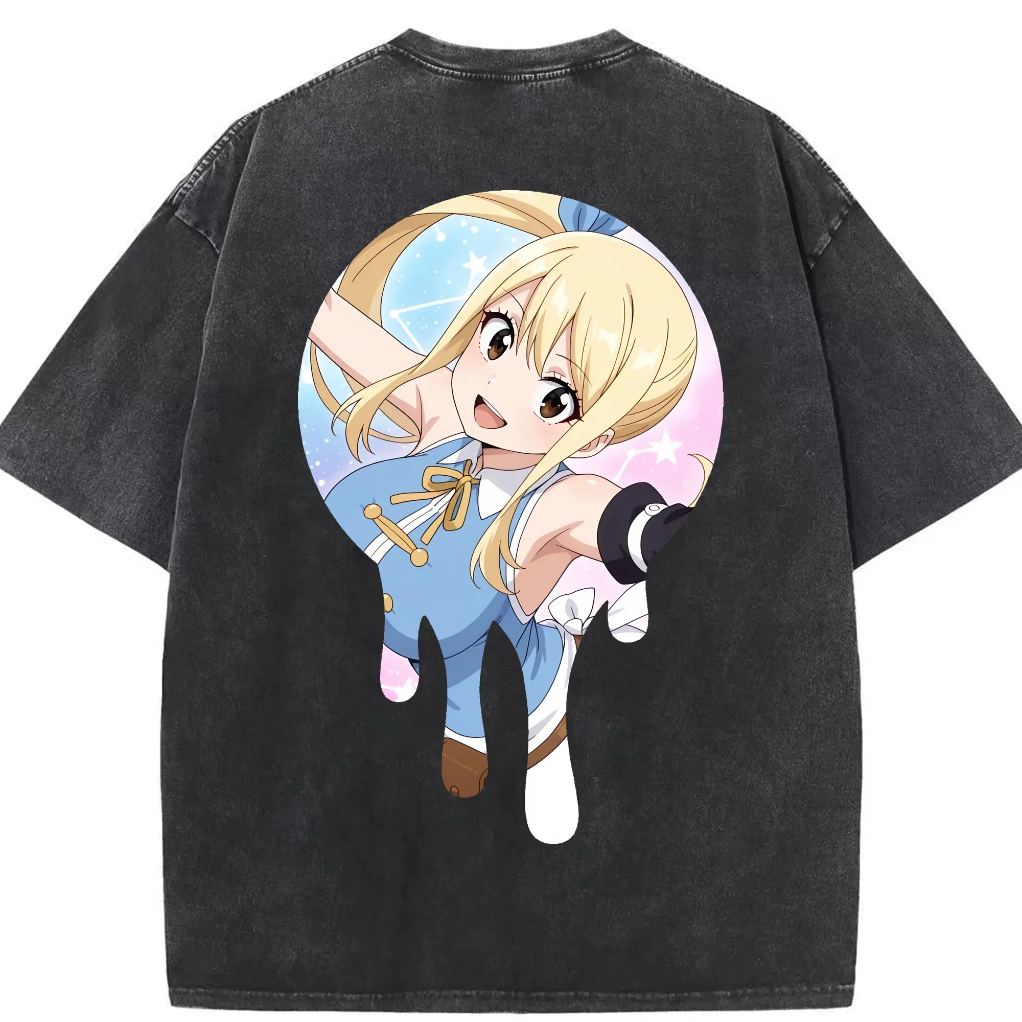 フェアリーテイル グッズ ルーシィ・ハートフィリア - 綿100％ ヴィンテージ風 半袖Tシャツ ・ 背面プリント ・ 柔らか肌触り ・ 通気性 快適 ・ スポーツ カジュアル 外出用