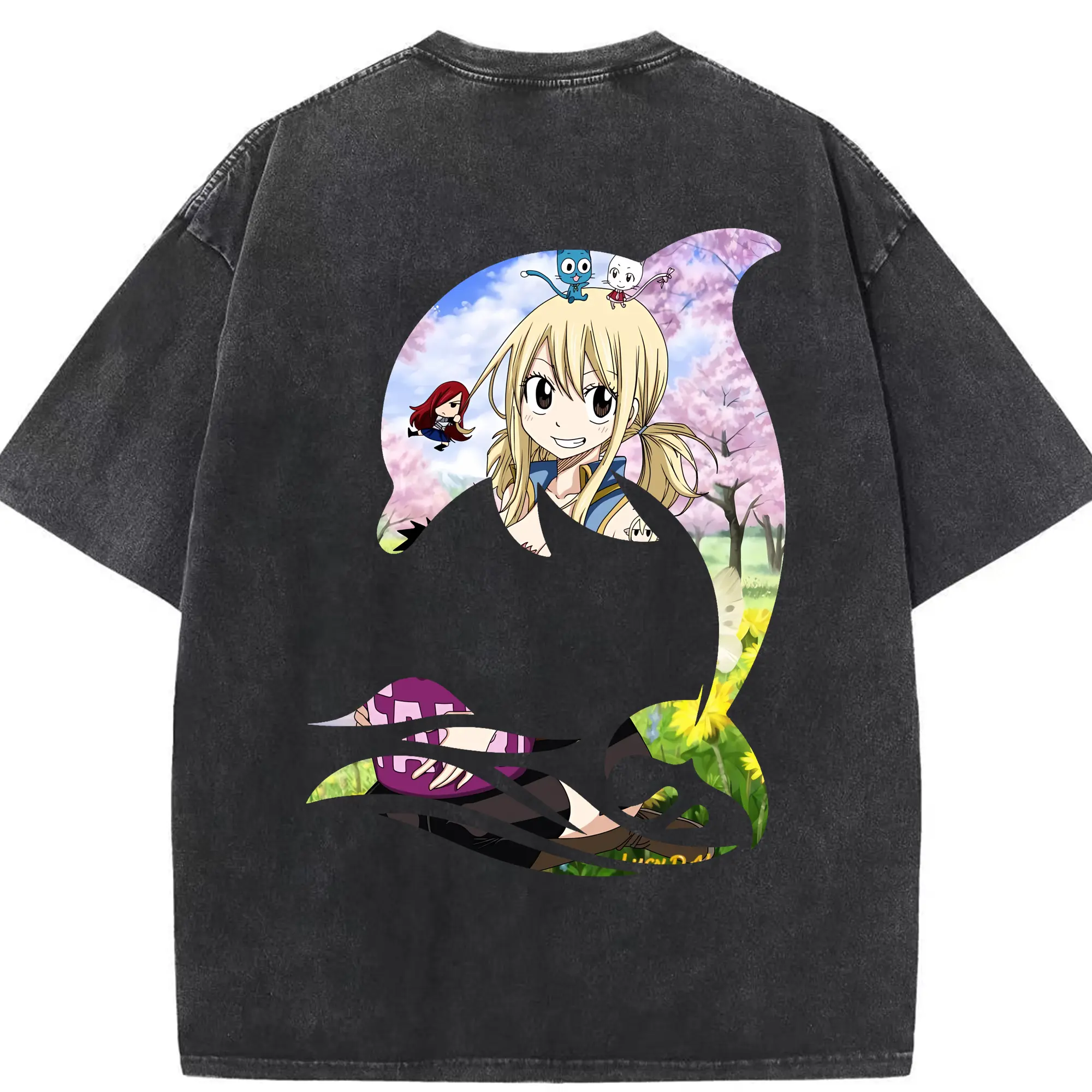 フェアリーテイル グッズ ルーシィ・ハートフィリア - 綿100％ ヴィンテージ風 半袖Tシャツ ・ 背面プリント ・ 柔らか肌触り ・ 通気性 快適 ・ スポーツ カジュアル 外出用