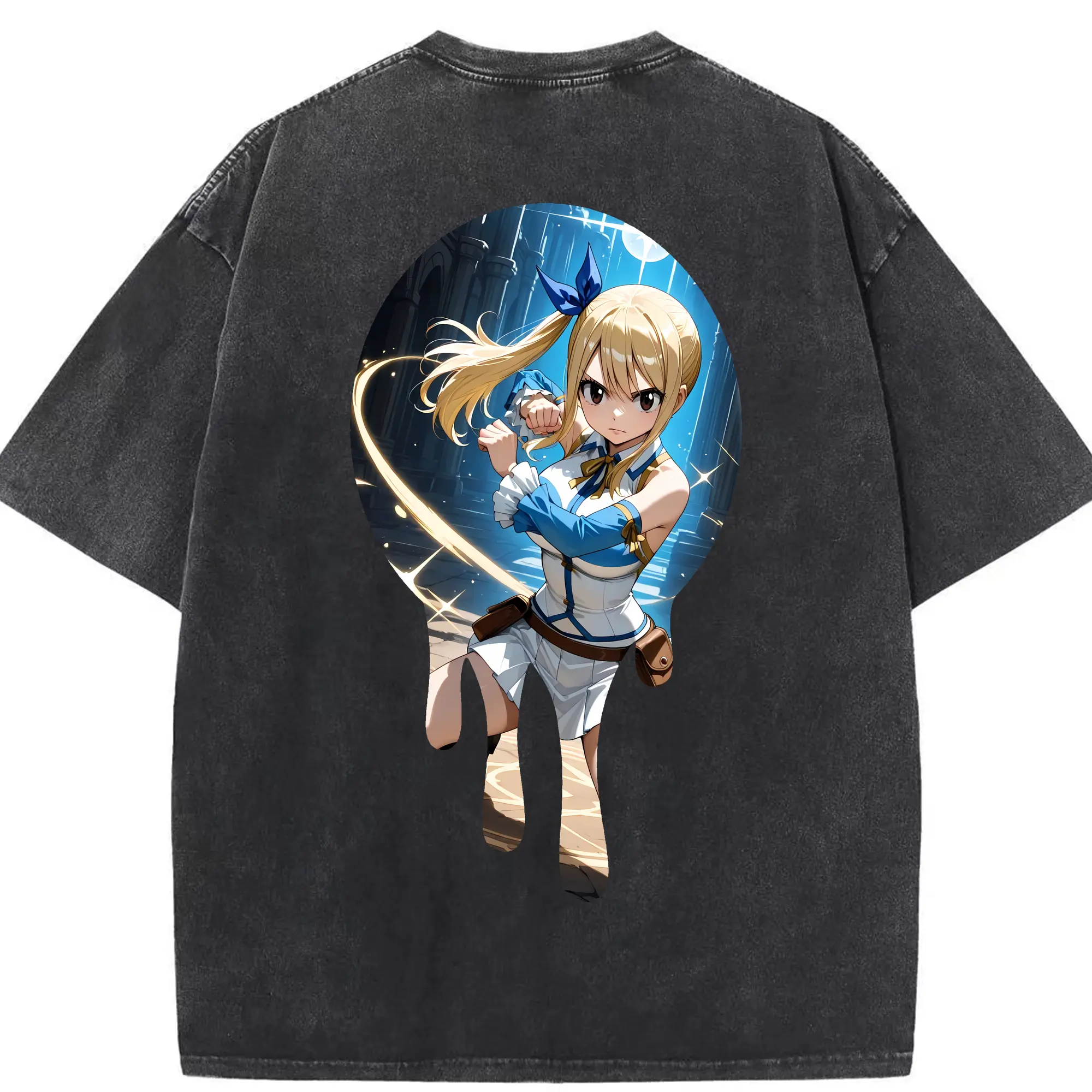 フェアリーテイル グッズ ルーシィ・ハートフィリア - 綿100％ ヴィンテージ風 半袖Tシャツ ・ 背面プリント ・ 柔らか肌触り ・ 通気性 快適 ・ スポーツ カジュアル 外出用