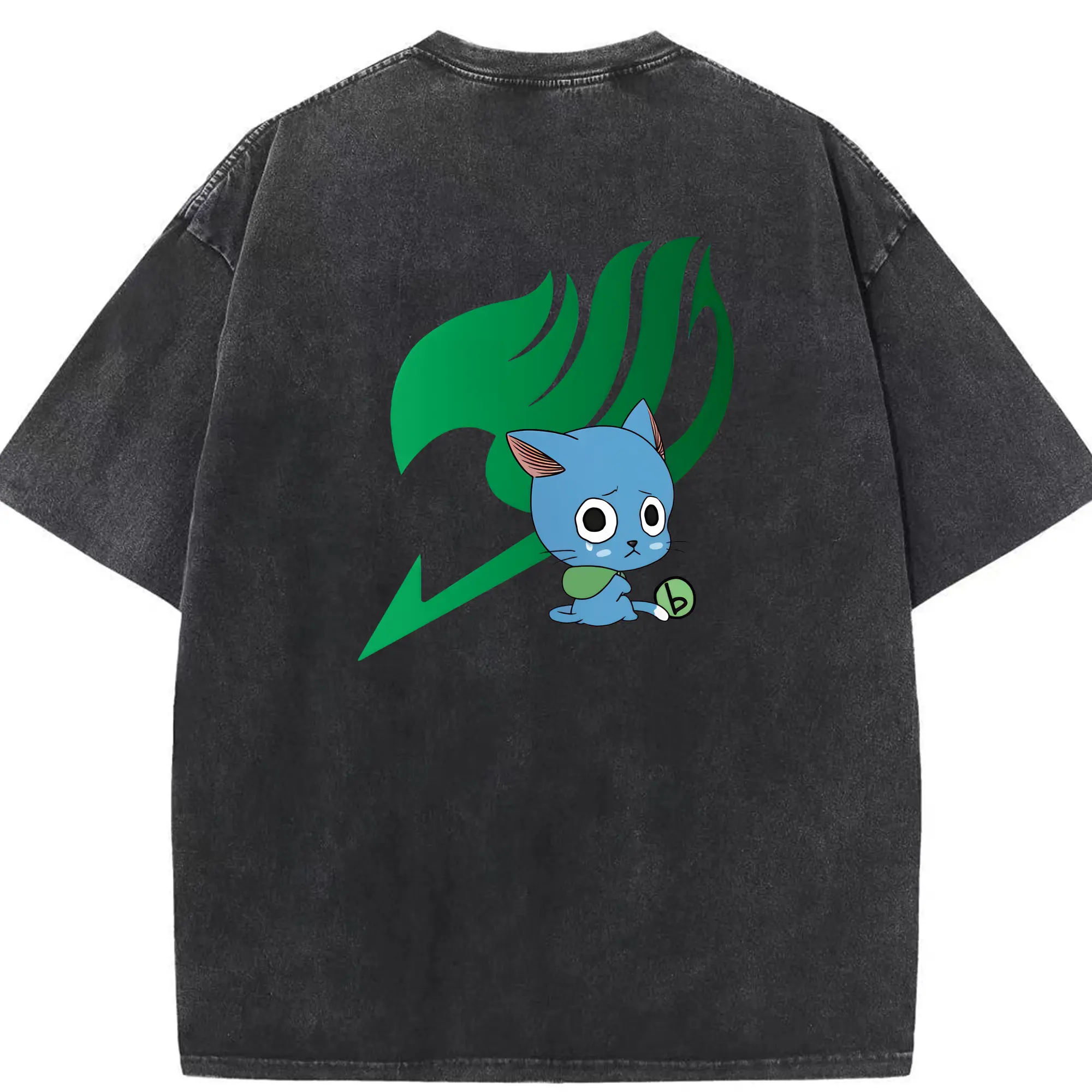 フェアリーテイル グッズ ハッピー - 綿100％ ヴィンテージ風 半袖Tシャツ ・ 背面プリント ・ 柔らか肌触り ・ 通気性 快適 ・ スポーツ カジュアル 外出用