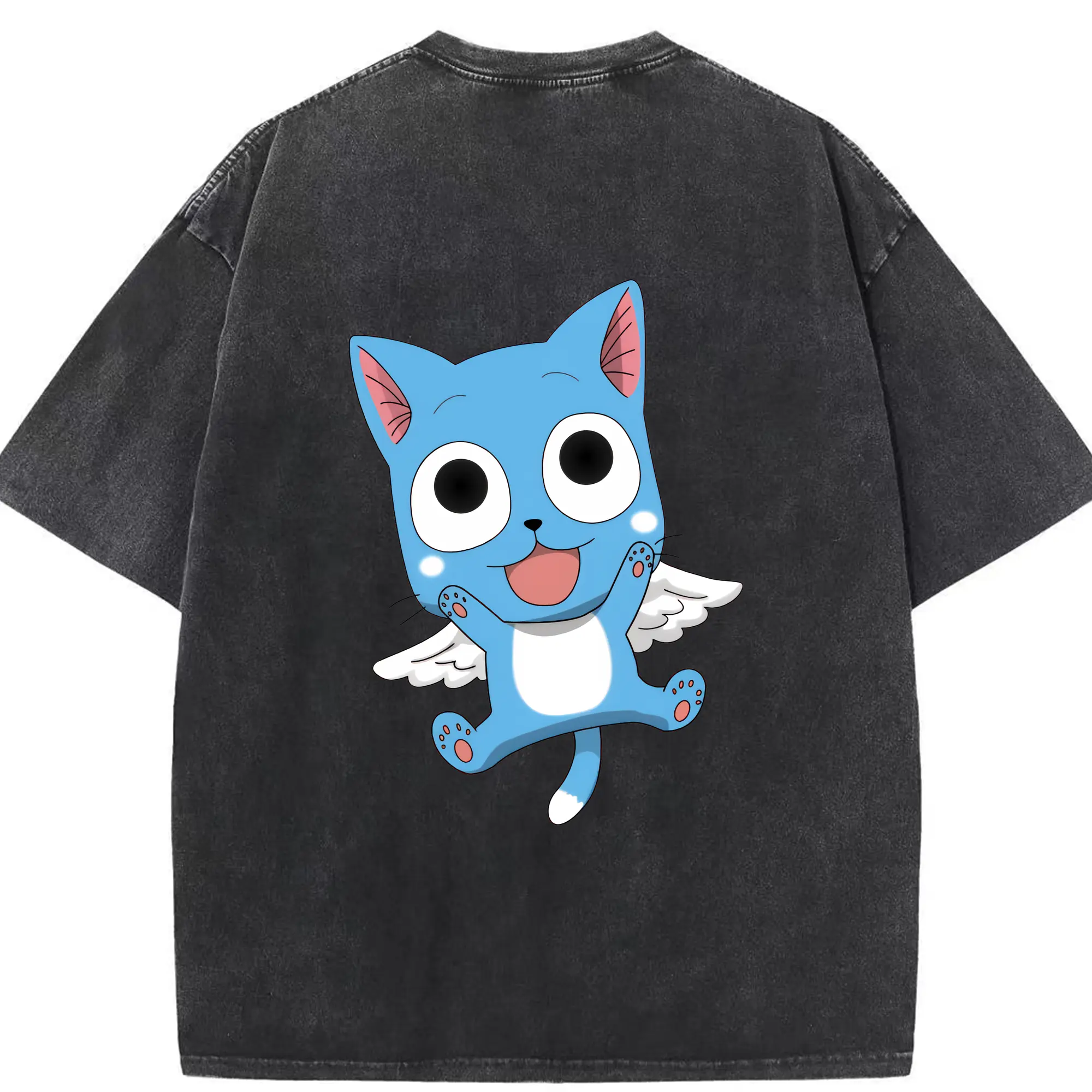 フェアリーテイル グッズ ハッピー - 綿100％ ヴィンテージ風 半袖Tシャツ ・ 背面プリント ・ 柔らか肌触り ・ 通気性 快適 ・ スポーツ カジュアル 外出用
