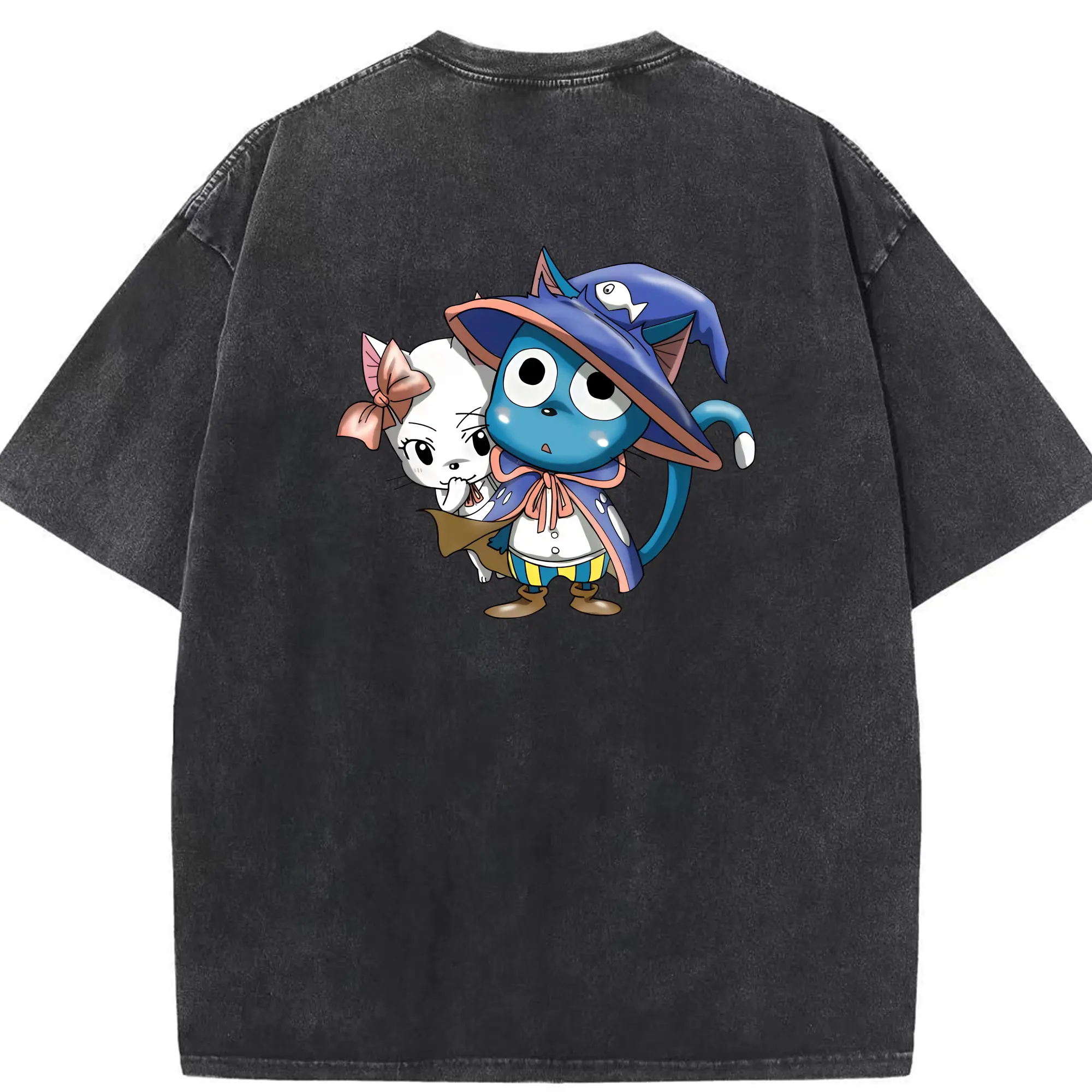 フェアリーテイル グッズ ハッピー - 綿100％ ヴィンテージ風 半袖Tシャツ ・ 背面プリント ・ 柔らか肌触り ・ 通気性 快適 ・ スポーツ カジュアル 外出用