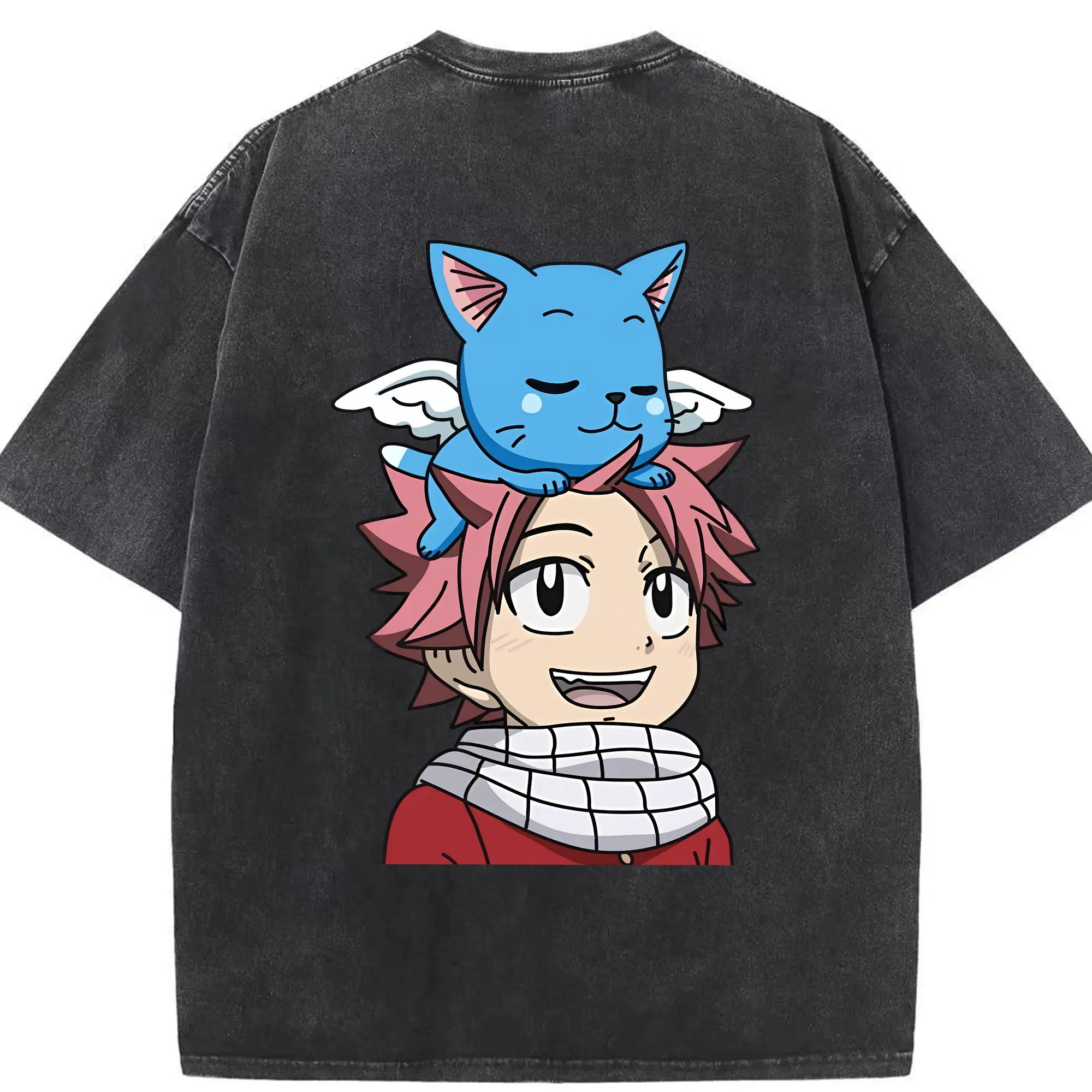 フェアリーテイル グッズ ハッピー - 綿100％ ヴィンテージ風 半袖Tシャツ ・ 背面プリント ・ 柔らか肌触り ・ 通気性 快適 ・ スポーツ カジュアル 外出用