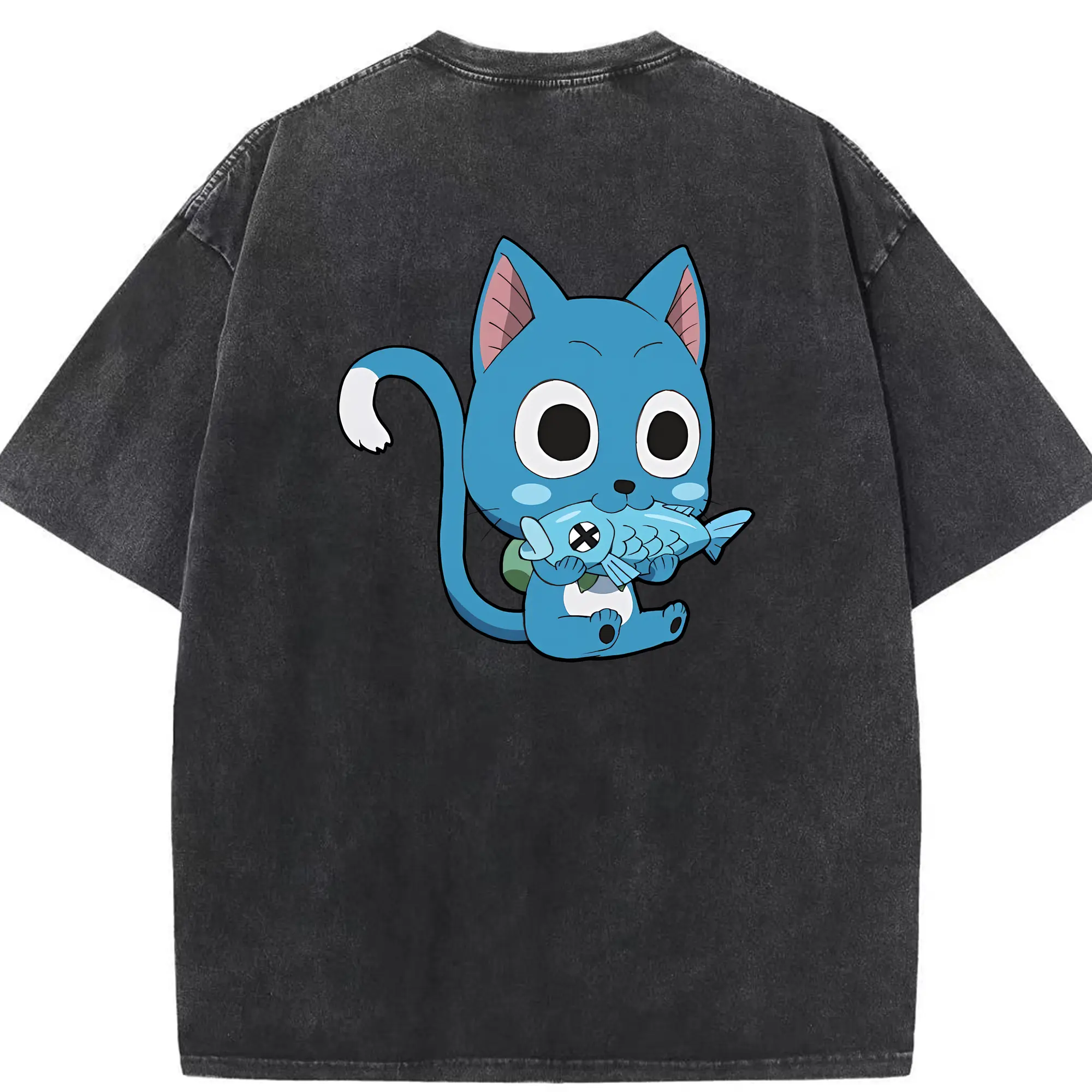 フェアリーテイル グッズ ハッピー - 綿100％ ヴィンテージ風 半袖Tシャツ ・ 背面プリント ・ 柔らか肌触り ・ 通気性 快適 ・ スポーツ カジュアル 外出用