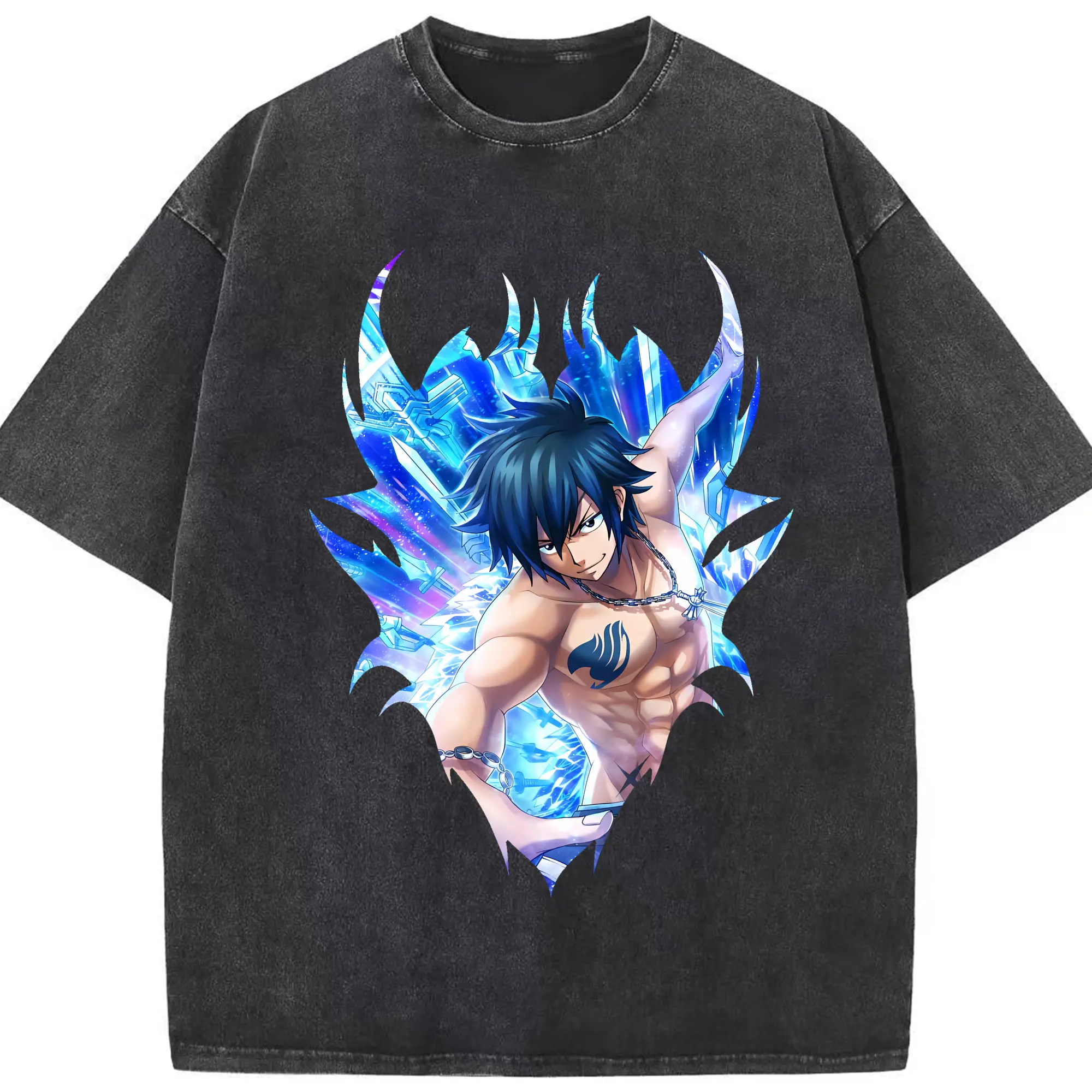 フェアリーテイル グッズ グレイ・フルバスター - 綿100％ ヴィンテージ風 半袖Tシャツ ・ フロントプリント ・ 柔らか肌触り ・ 通気性 快適 ・ スポーツ カジュアル 外出用