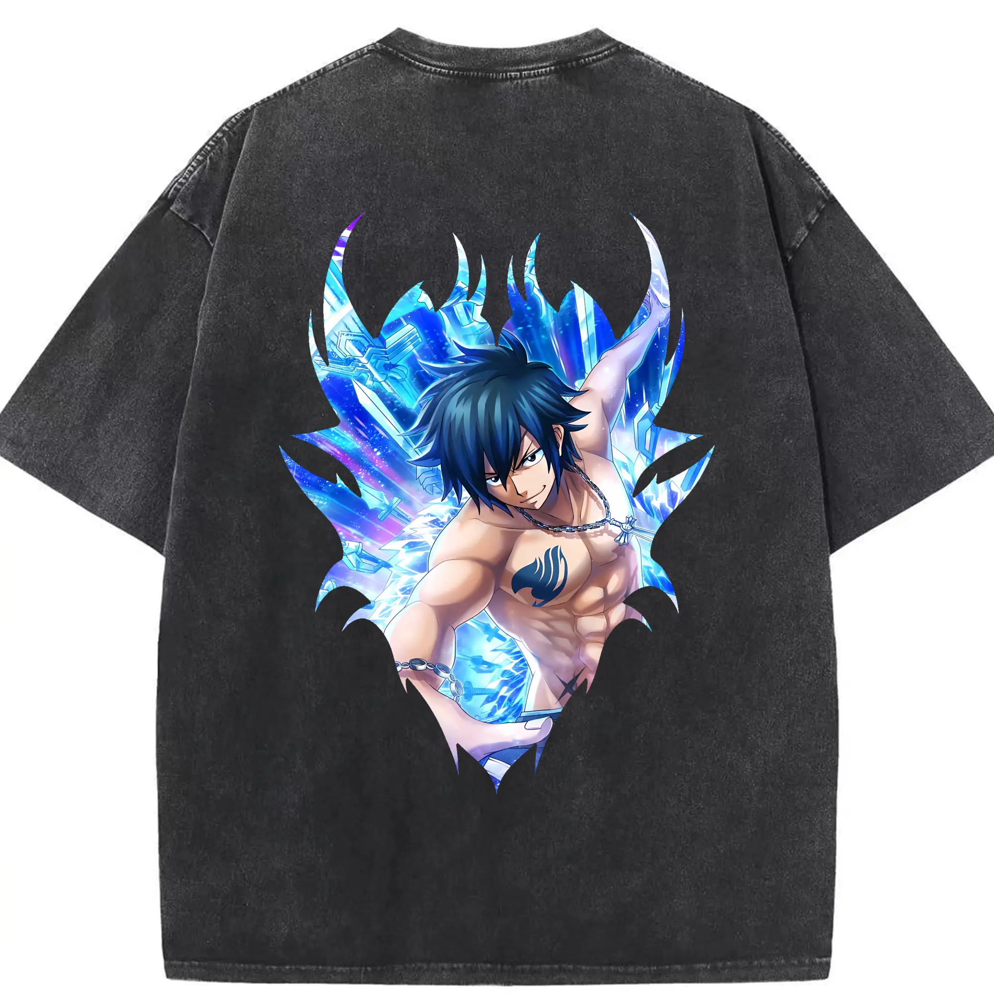 フェアリーテイル グッズ グレイ・フルバスター - 綿100％ ヴィンテージ風 半袖Tシャツ ・ 背面プリント ・ 柔らか肌触り ・ 通気性 快適 ・ スポーツ カジュアル 外出用