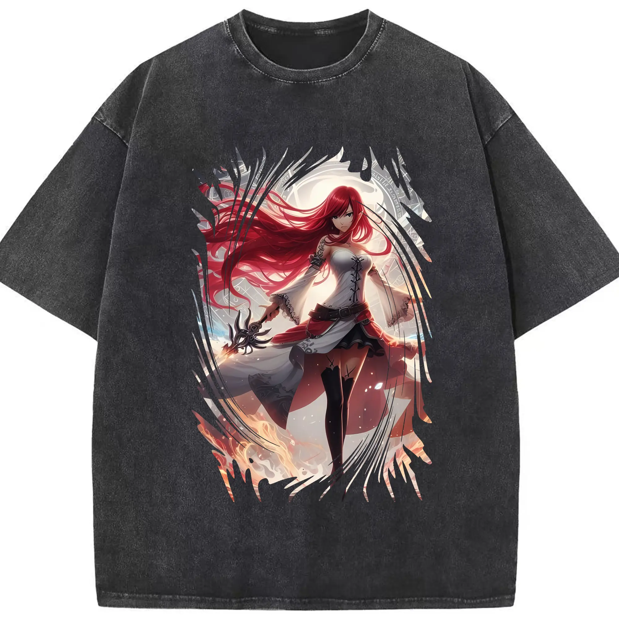 フェアリーテイル グッズ エルザ・スカーレット - 綿100％ ヴィンテージ風 半袖Tシャツ ・ フロントプリント ・ 柔らか肌触り ・ 通気性 快適 ・ スポーツ カジュアル 外出用