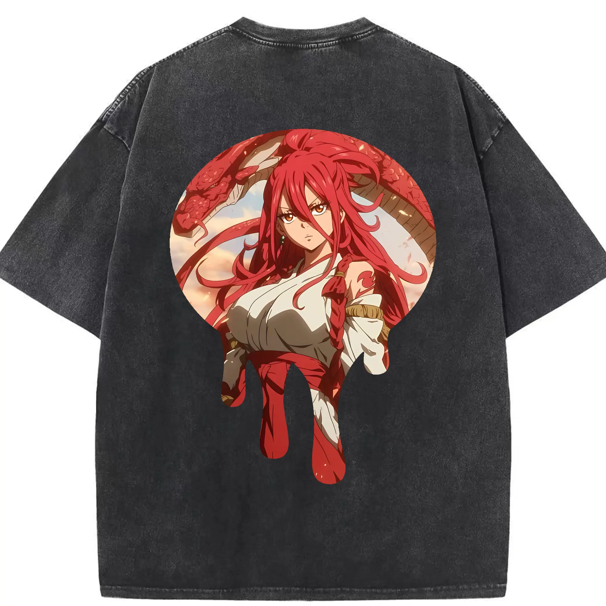 フェアリーテイル グッズ エルザ・スカーレット - 綿100％ ヴィンテージ風 半袖Tシャツ ・ 背面プリント ・ 柔らか肌触り ・ 通気性 快適 ・ スポーツ カジュアル 外出用
