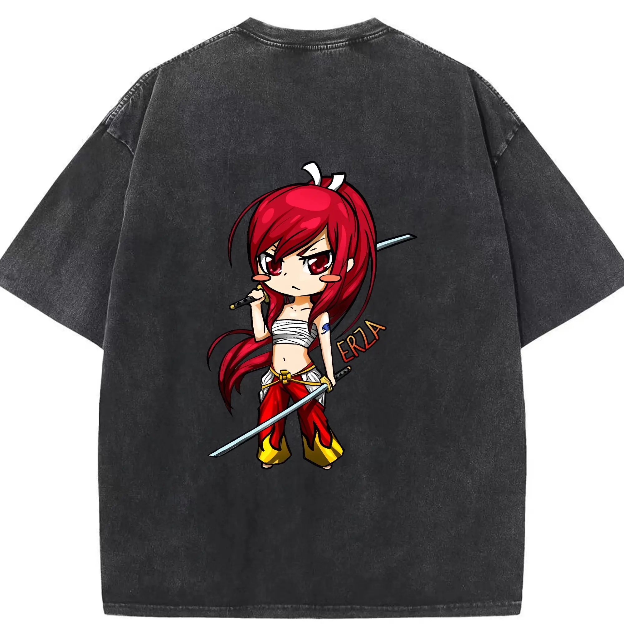 フェアリーテイル グッズ エルザ・スカーレット - 綿100％ ヴィンテージ風 半袖Tシャツ ・ 背面プリント ・ 柔らか肌触り ・ 通気性 快適 ・ スポーツ カジュアル 外出用