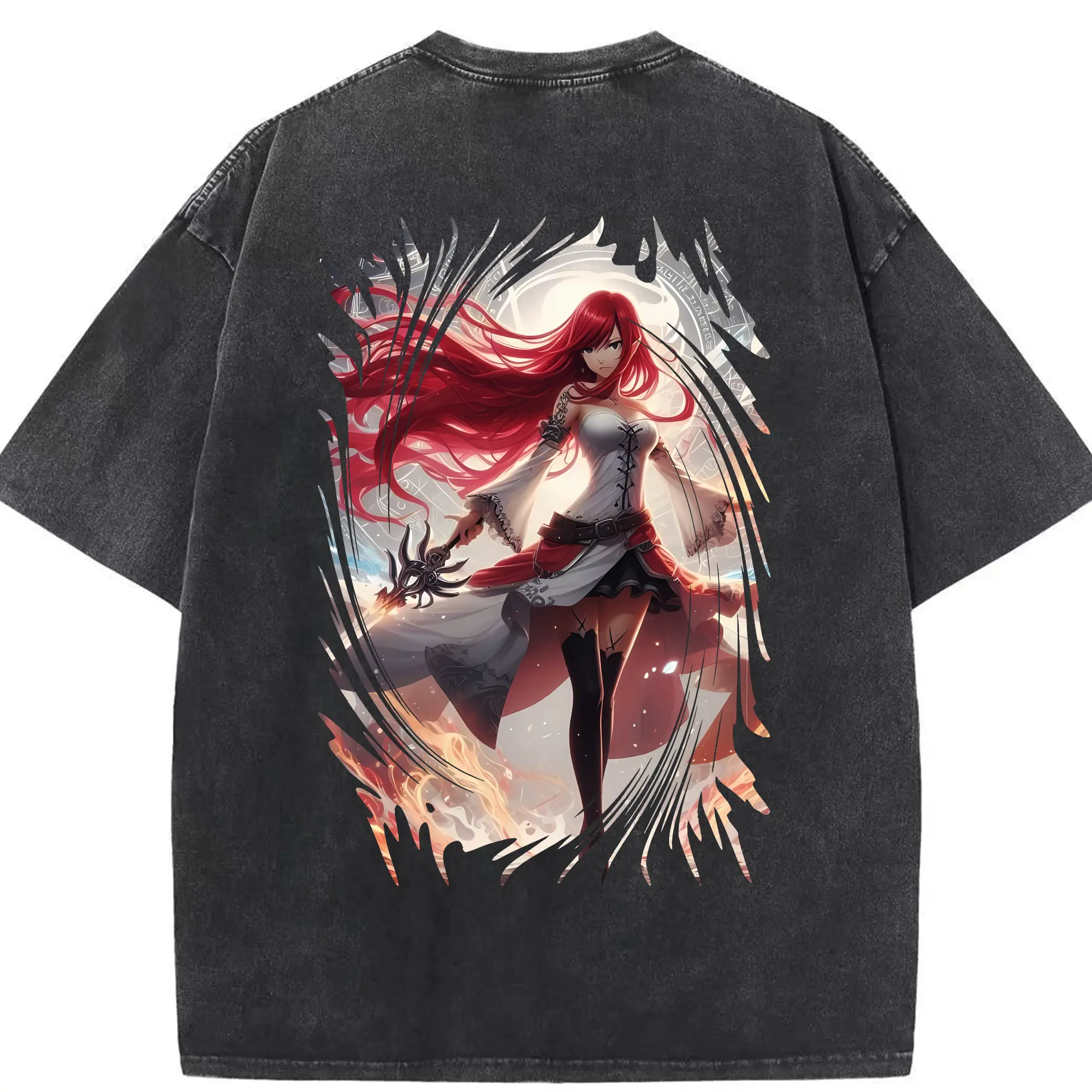 フェアリーテイル グッズ エルザ・スカーレット - 綿100％ ヴィンテージ風 半袖Tシャツ ・ 背面プリント ・ 柔らか肌触り ・ 通気性 快適 ・ スポーツ カジュアル 外出用