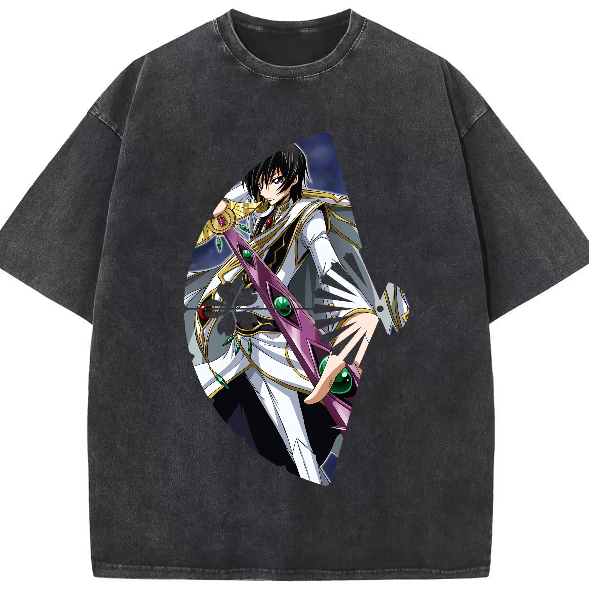 コードギアス 反逆のルルーシュ グッズ ルルーシュ・ランペルージ - 綿100％ ヴィンテージ風 半袖Tシャツ ・ フロントプリント ・ 柔らか肌触り ・ 通気性 快適 ・ スポーツ カジュアル 外出用