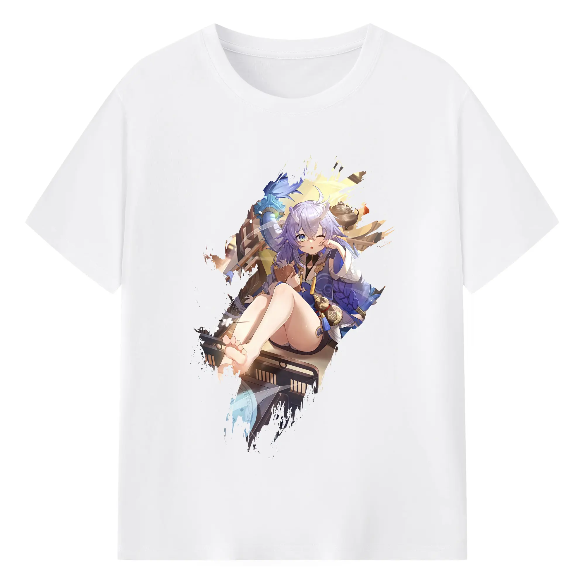 崩壊：スターレイル グッズ 白露 - 綿100％ 半袖Tシャツ ・ フロントプリント ・ 快適 通気性 ・ 日常使い 散歩 スポーツ用