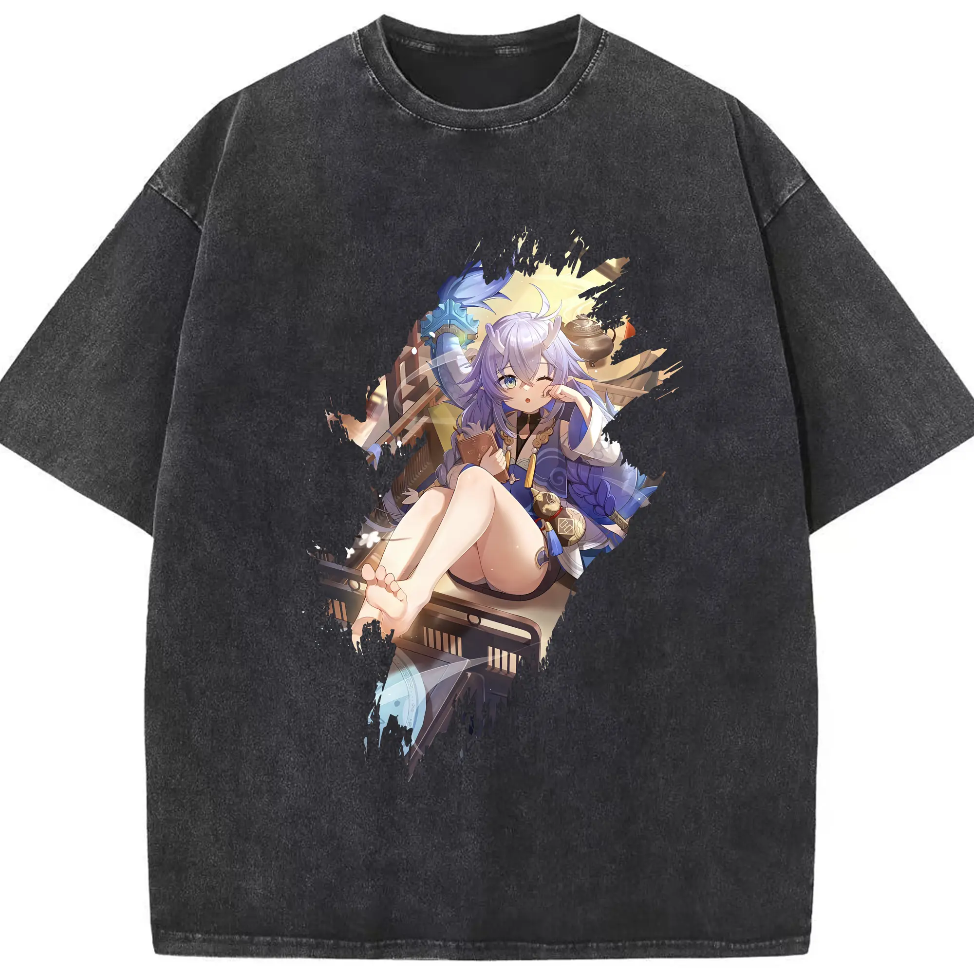 崩壊：スターレイル グッズ 白露 - 綿100％ ヴィンテージ風 半袖Tシャツ ・ フロントプリント ・ 柔らか肌触り ・ 通気性 快適 ・ スポーツ カジュアル 外出用