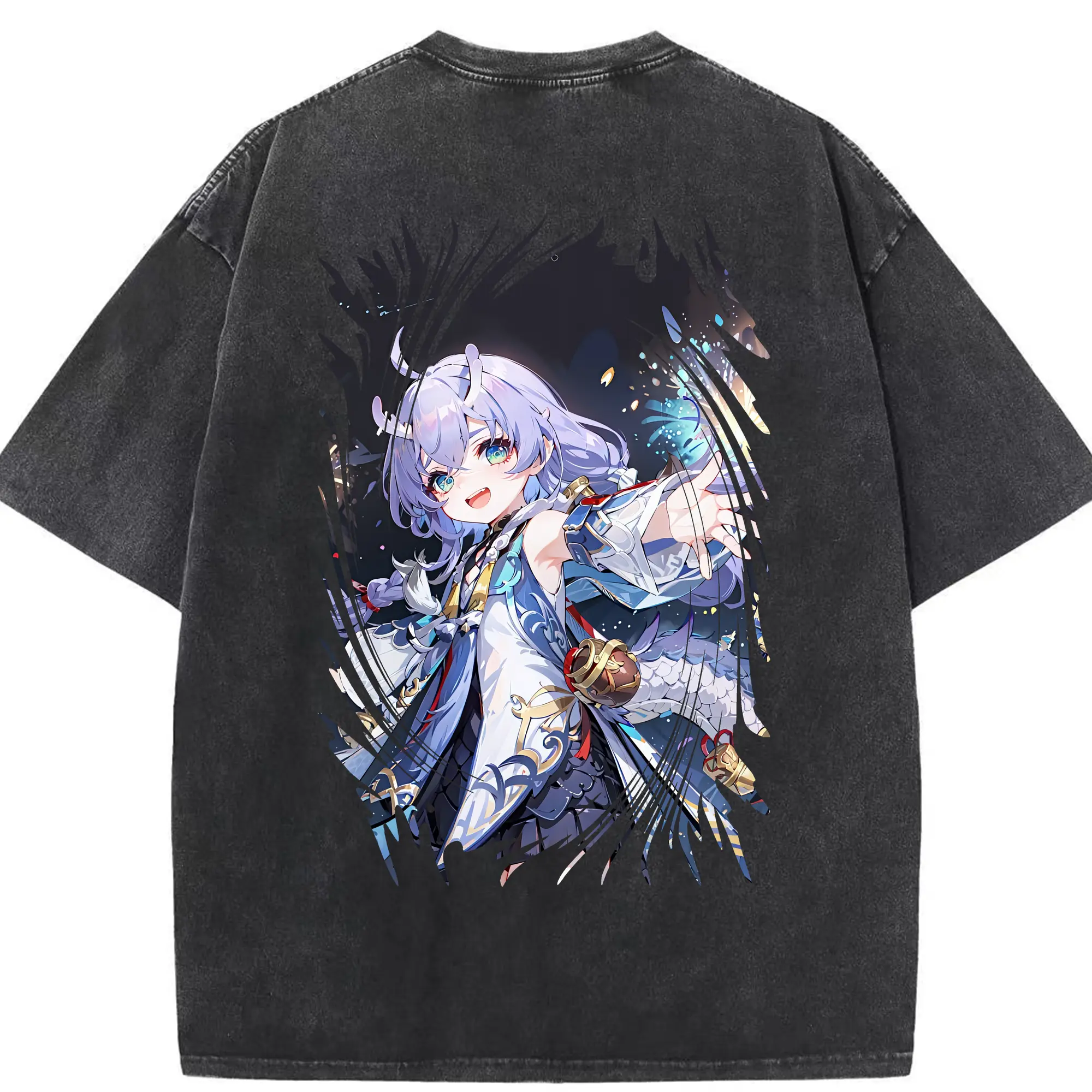 崩壊：スターレイル グッズ 白露 - 綿100％ ヴィンテージ風 半袖Tシャツ ・ 背面プリント ・ 柔らか肌触り ・ 通気性 快適 ・ スポーツ カジュアル 外出用