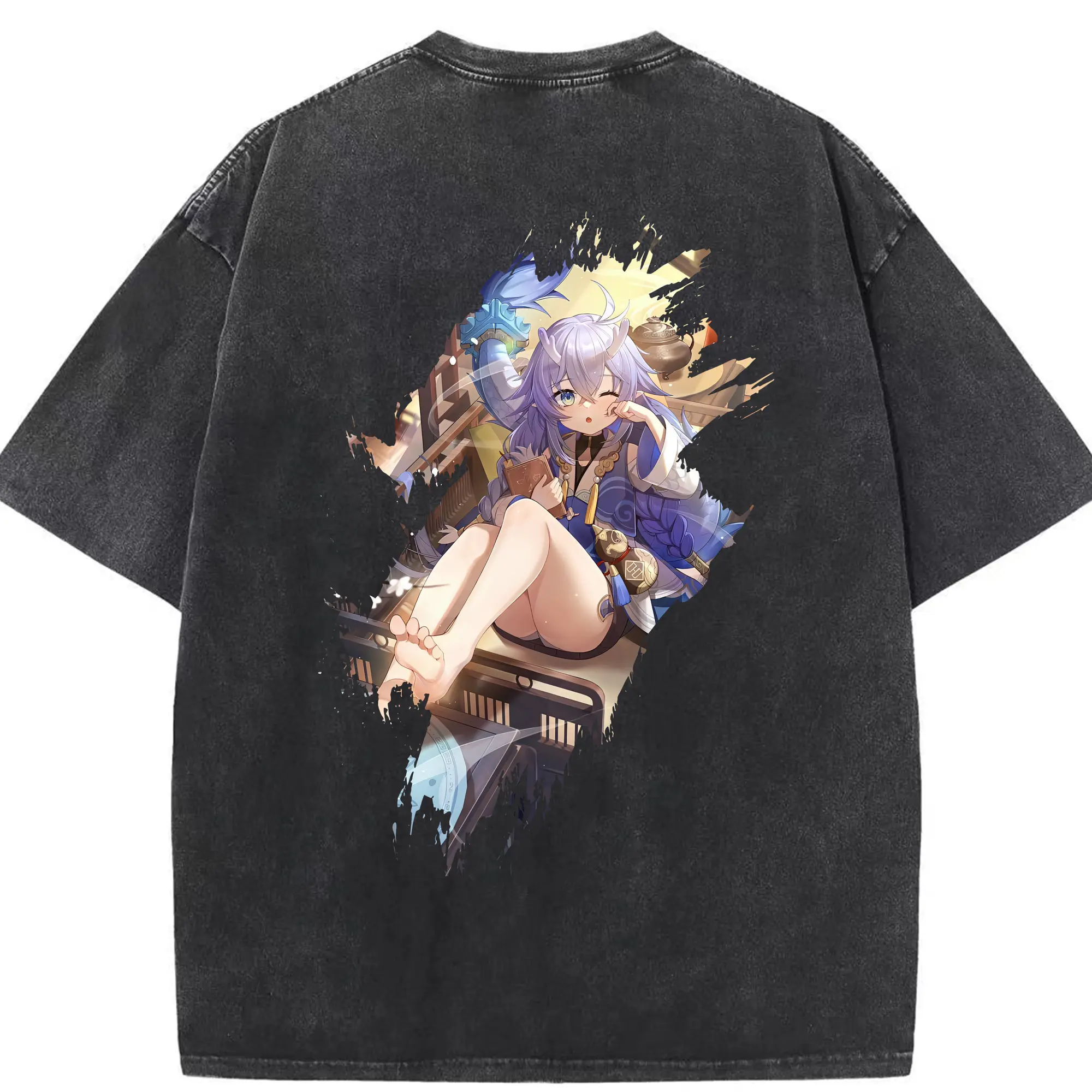 崩壊：スターレイル グッズ 白露 - 綿100％ ヴィンテージ風 半袖Tシャツ ・ 背面プリント ・ 柔らか肌触り ・ 通気性 快適 ・ スポーツ カジュアル 外出用