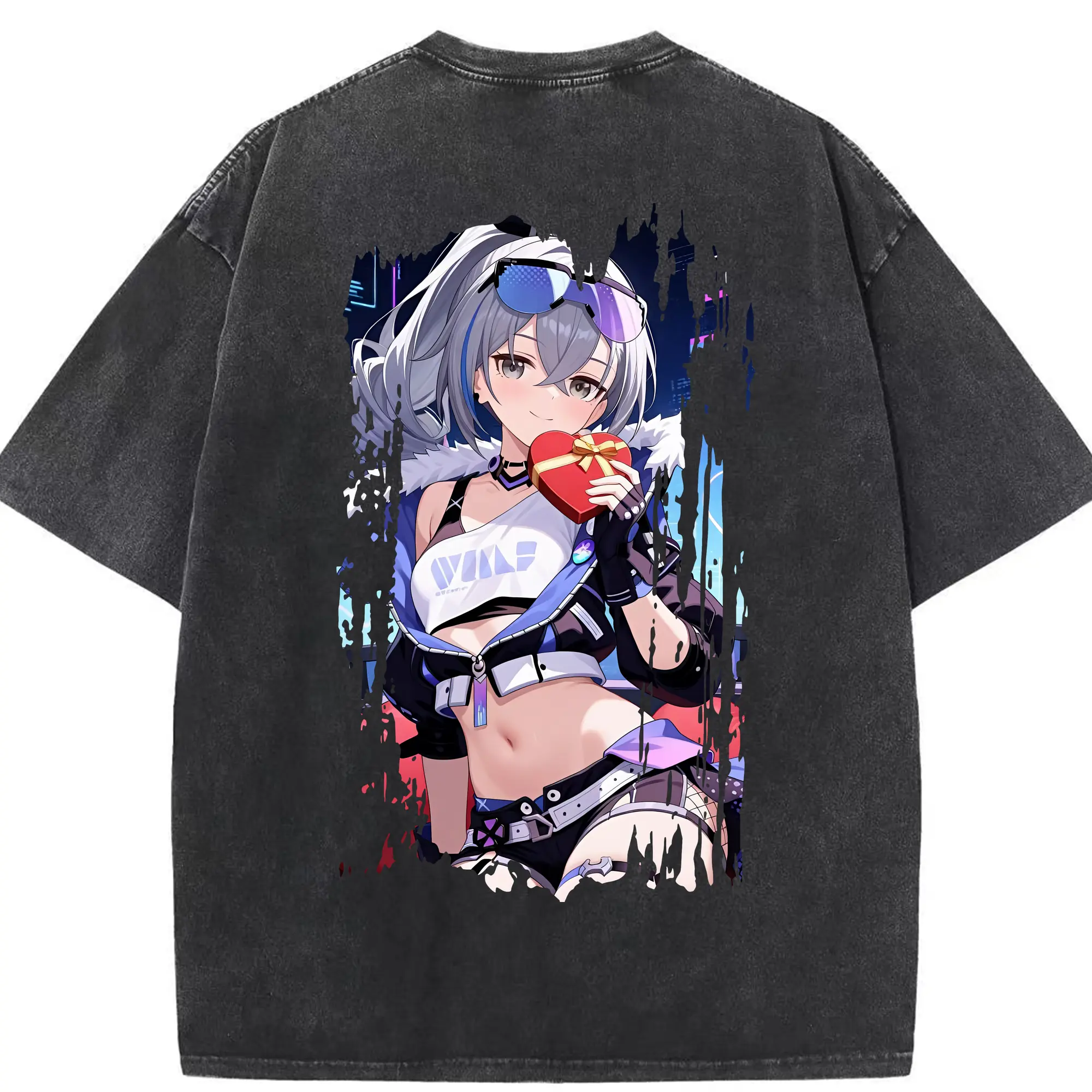 崩壊：スターレイル グッズ 銀狼 - 綿100％ ヴィンテージ風 半袖Tシャツ ・ 背面プリント ・ 柔らか肌触り ・ 通気性 快適 ・ スポーツ カジュアル 外出用