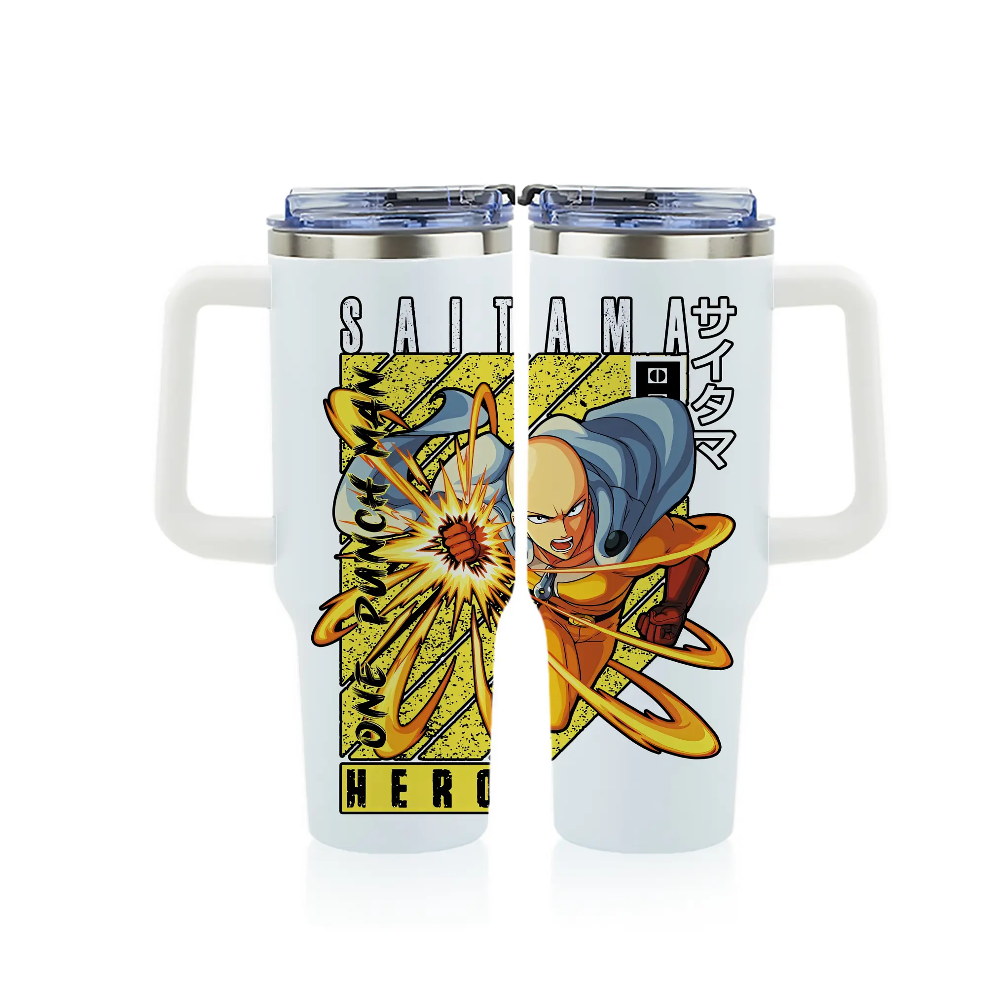 ワンパンマン グッズ サイタマ - 1200mL フルプリント車用タンブラー ・ 304ステンレス 内側 ・ 201ステンレス 外側 ・ 保温 保冷 ・ 通勤 ドライブ アウトドア用